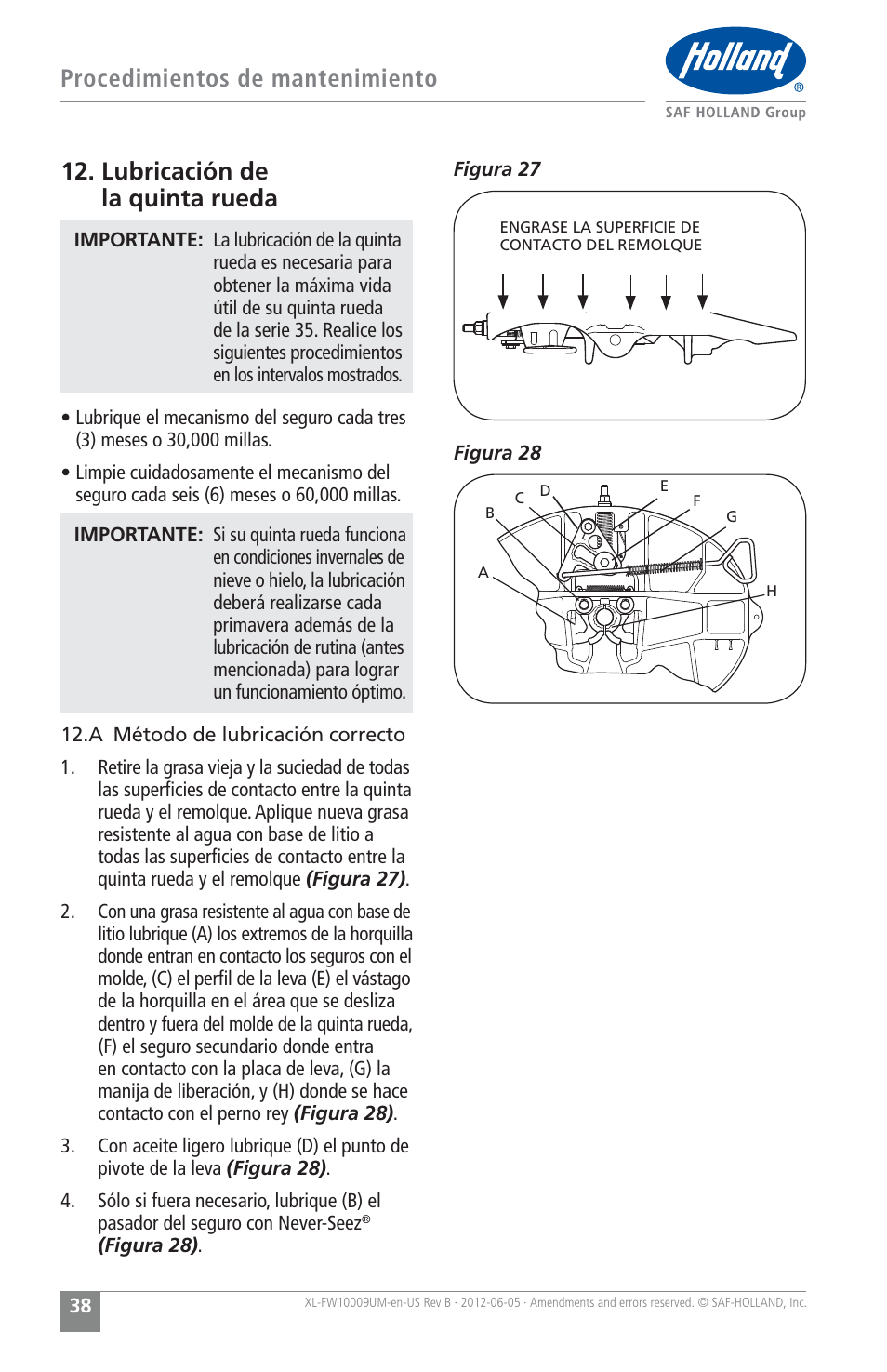 Procedimientos de mantenimiento, Lubricación de la quinta rueda | SAF-HOLLAND XL-FW10009UM FW35 Series Fifth Wheel User Manual | Page 38 / 76