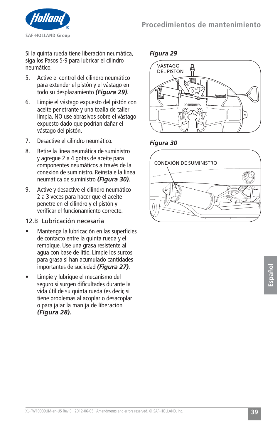 Procedimientos de mantenimiento | SAF-HOLLAND XL-FW10009UM FW35 Series Fifth Wheel User Manual | Page 39 / 76