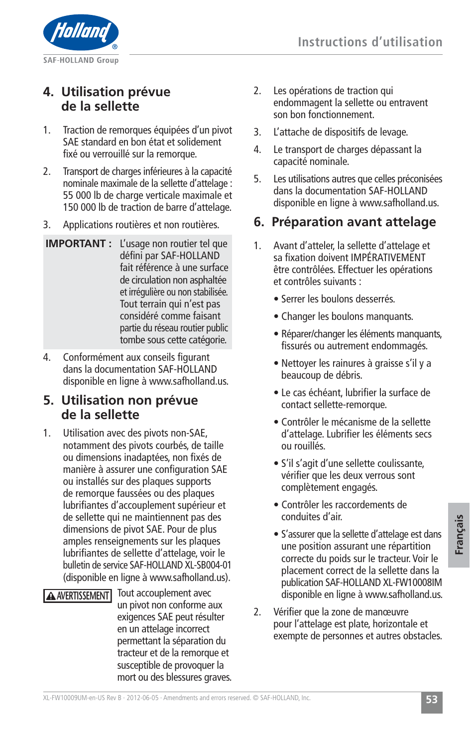 Utilisation non prévue de la sellette, Préparation avant attelage | SAF-HOLLAND XL-FW10009UM FW35 Series Fifth Wheel User Manual | Page 53 / 76