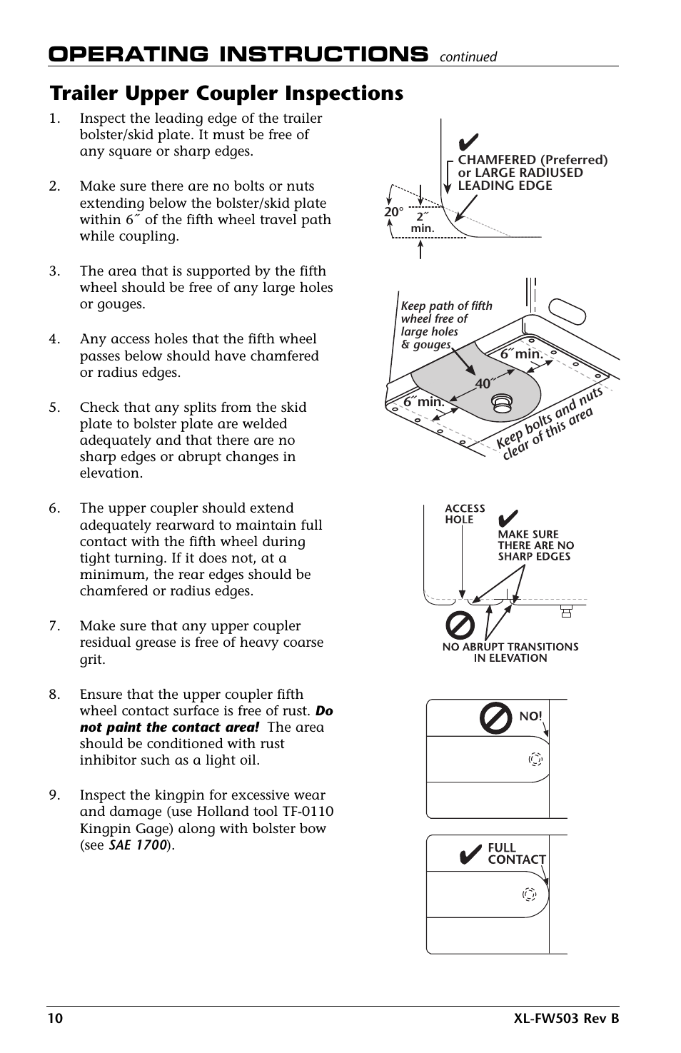 Operating instructions, Trailer upper coupler inspections | SAF-HOLLAND XL-FW503 FleetMaster LowLube Series Fifth Wheels with Manual Sliding Secondary Lock XA-201-S10217, XA-201-S10579 & XA-231-S10217 User Manual | Page 10 / 24