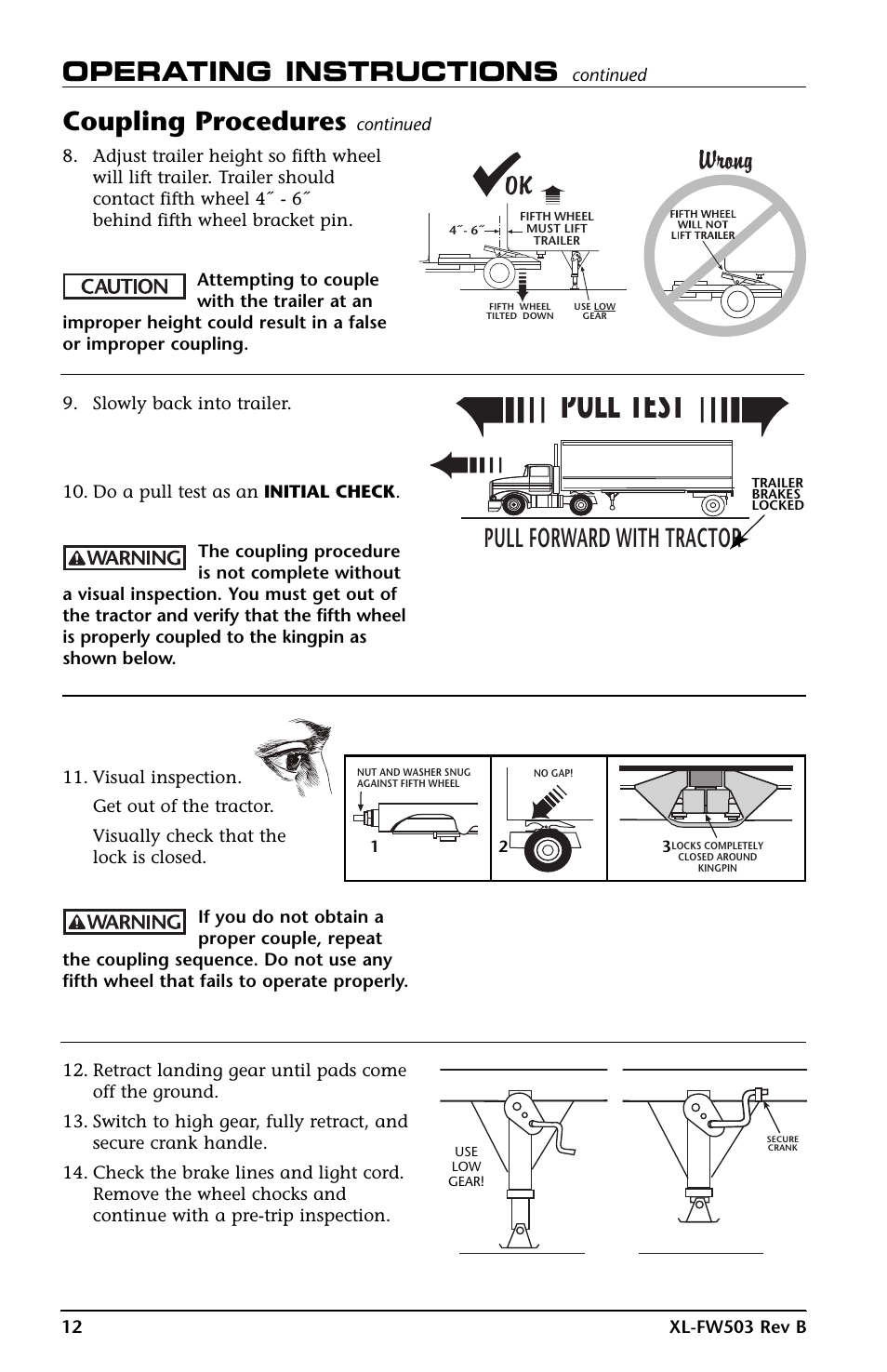 Pull test, Operating instructions, Pull forward with tractor | Coupling procedures | SAF-HOLLAND XL-FW503 FleetMaster LowLube Series Fifth Wheels with Manual Sliding Secondary Lock XA-201-S10217, XA-201-S10579 & XA-231-S10217 User Manual | Page 12 / 24