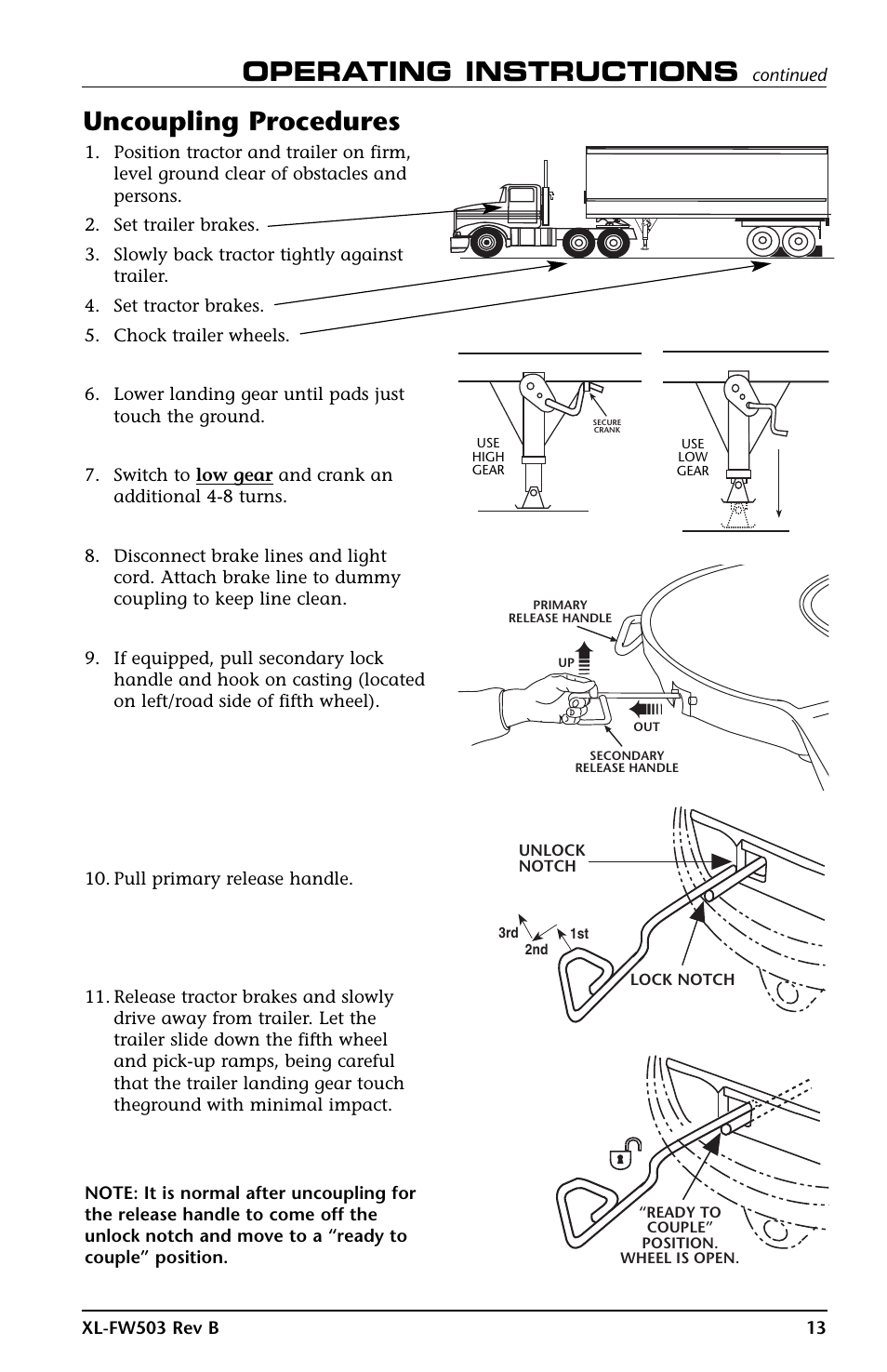 Operating instructions, Uncoupling procedures | SAF-HOLLAND XL-FW503 FleetMaster LowLube Series Fifth Wheels with Manual Sliding Secondary Lock XA-201-S10217, XA-201-S10579 & XA-231-S10217 User Manual | Page 13 / 24