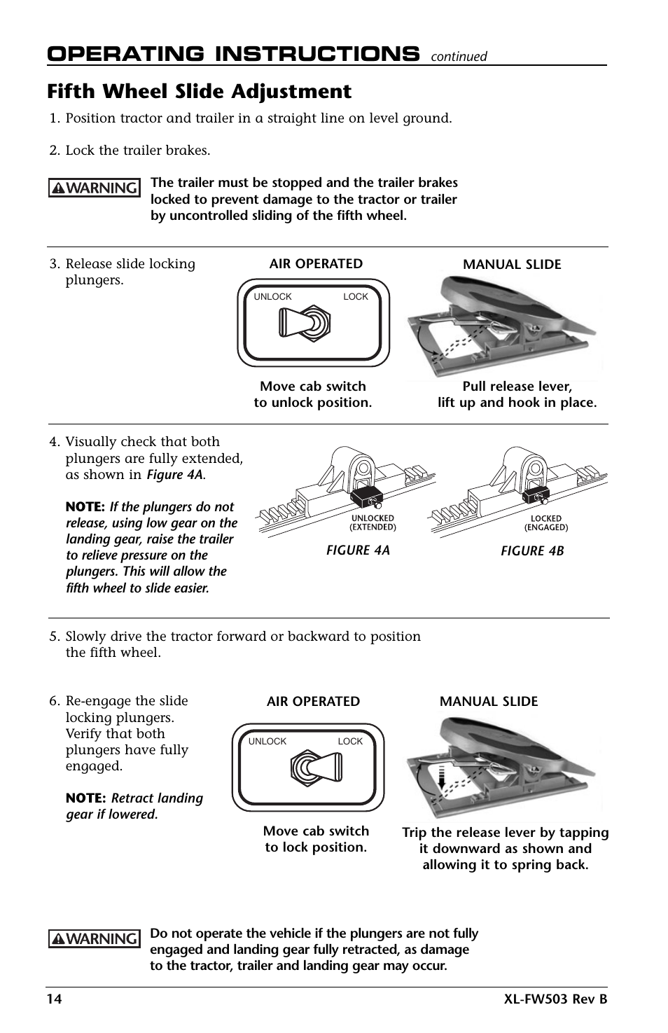 Operating instructions, Fifth wheel slide adjustment | SAF-HOLLAND XL-FW503 FleetMaster LowLube Series Fifth Wheels with Manual Sliding Secondary Lock XA-201-S10217, XA-201-S10579 & XA-231-S10217 User Manual | Page 14 / 24