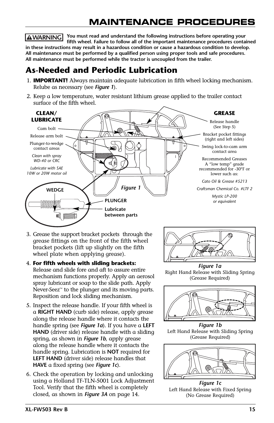 Maintenance procedures, As-needed and periodic lubrication | SAF-HOLLAND XL-FW503 FleetMaster LowLube Series Fifth Wheels with Manual Sliding Secondary Lock XA-201-S10217, XA-201-S10579 & XA-231-S10217 User Manual | Page 15 / 24