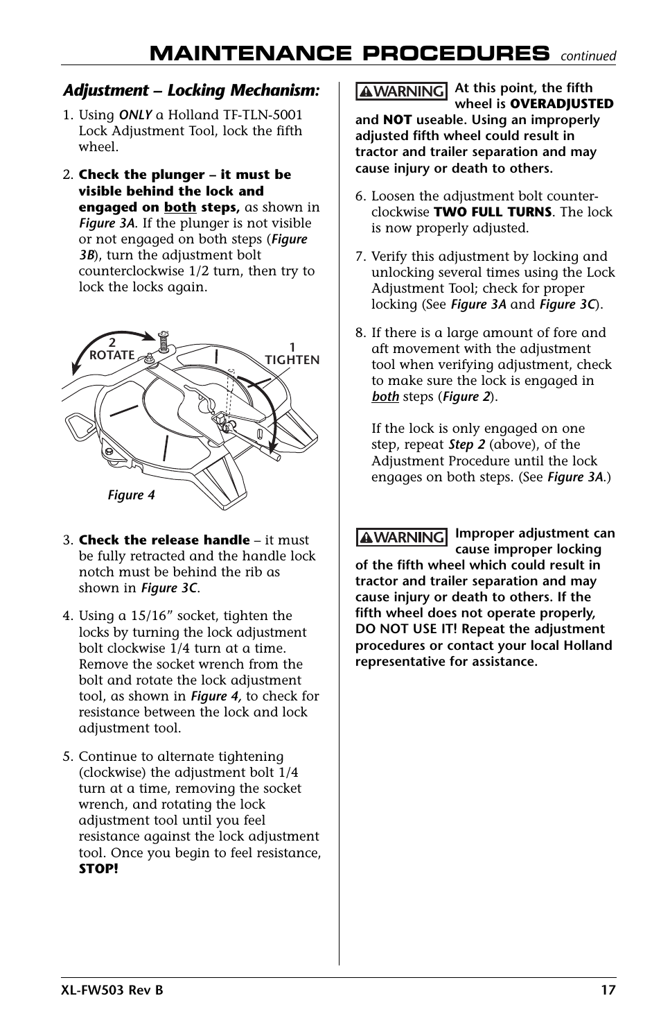 Maintenance procedures, Adjustment – locking mechanism | SAF-HOLLAND XL-FW503 FleetMaster LowLube Series Fifth Wheels with Manual Sliding Secondary Lock XA-201-S10217, XA-201-S10579 & XA-231-S10217 User Manual | Page 17 / 24