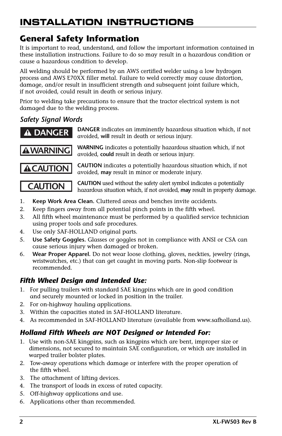 Installation instructions, General safety information, Safety signal words | Fifth wheel design and intended use | SAF-HOLLAND XL-FW503 FleetMaster LowLube Series Fifth Wheels with Manual Sliding Secondary Lock XA-201-S10217, XA-201-S10579 & XA-231-S10217 User Manual | Page 2 / 24