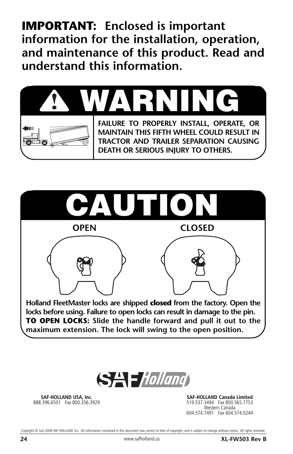 Warning, Caution | SAF-HOLLAND XL-FW503 FleetMaster LowLube Series Fifth Wheels with Manual Sliding Secondary Lock XA-201-S10217, XA-201-S10579 & XA-231-S10217 User Manual | Page 24 / 24