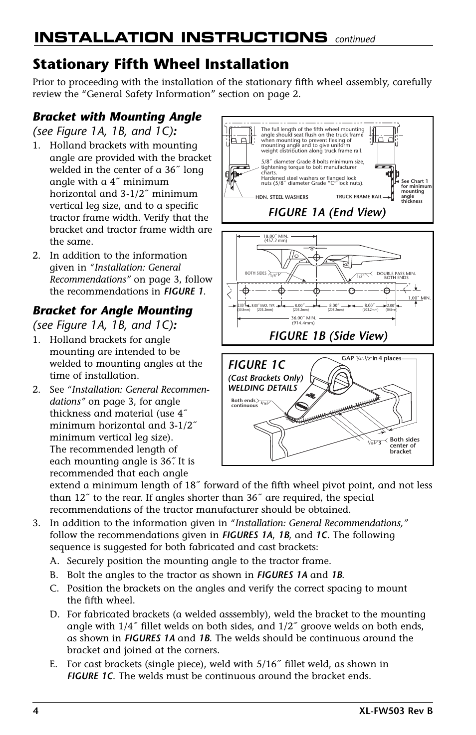 Stationary fifth wheel installation, Installation instructions, Figure 1c | Figure 1b (side view) figure 1a (end view), Continued | SAF-HOLLAND XL-FW503 FleetMaster LowLube Series Fifth Wheels with Manual Sliding Secondary Lock XA-201-S10217, XA-201-S10579 & XA-231-S10217 User Manual | Page 4 / 24