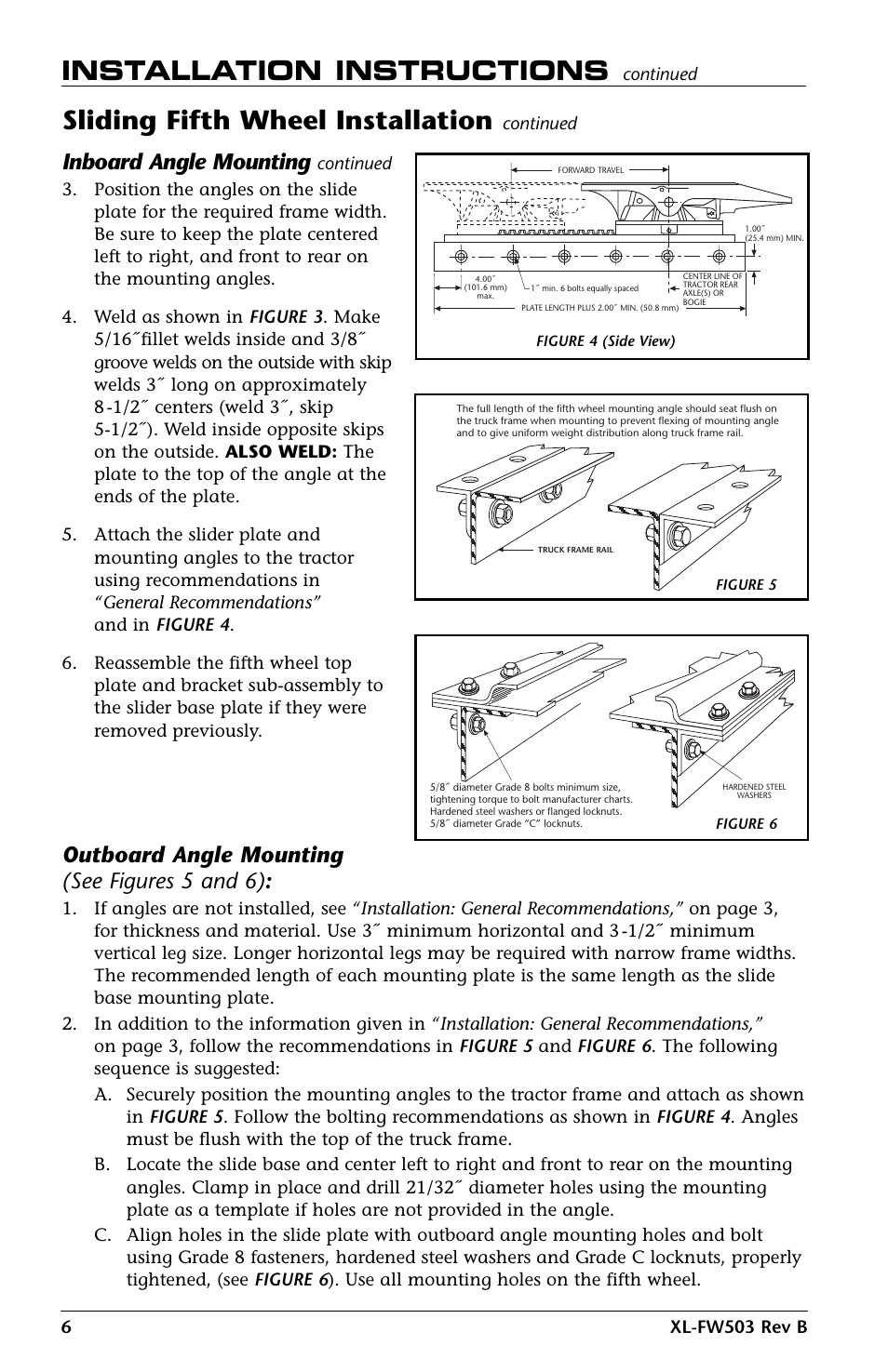 Installation instructions, Sliding fifth wheel installation, Inboard angle mounting | Outboard angle mounting (see figures 5 and 6) | SAF-HOLLAND XL-FW503 FleetMaster LowLube Series Fifth Wheels with Manual Sliding Secondary Lock XA-201-S10217, XA-201-S10579 & XA-231-S10217 User Manual | Page 6 / 24