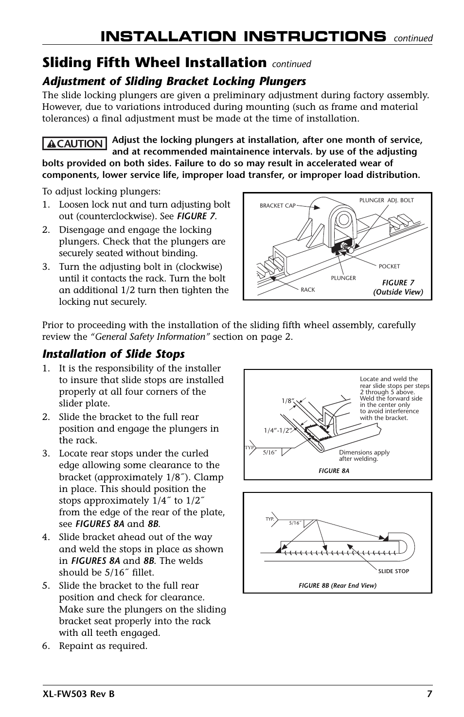 Sliding fifth wheel installation, Installation instructions, Adjustment of sliding bracket locking plungers | Installation of slide stops | SAF-HOLLAND XL-FW503 FleetMaster LowLube Series Fifth Wheels with Manual Sliding Secondary Lock XA-201-S10217, XA-201-S10579 & XA-231-S10217 User Manual | Page 7 / 24