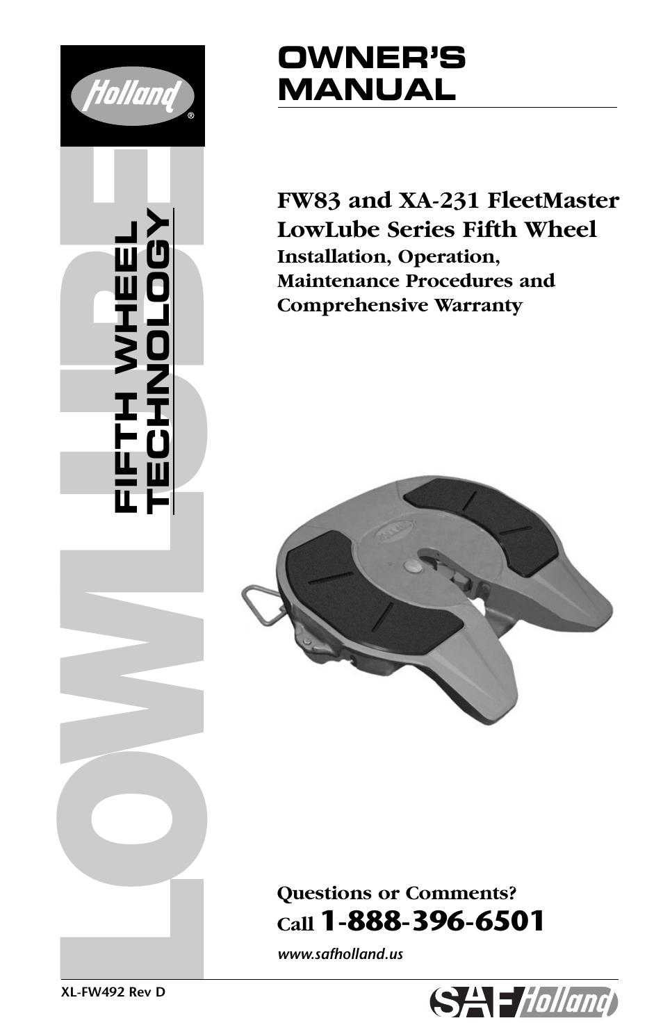 SAF-HOLLAND XL-FW492 FW83 and XA-231 FleetMaster LowLube Series Fifth Wheel User Manual | 24 pages