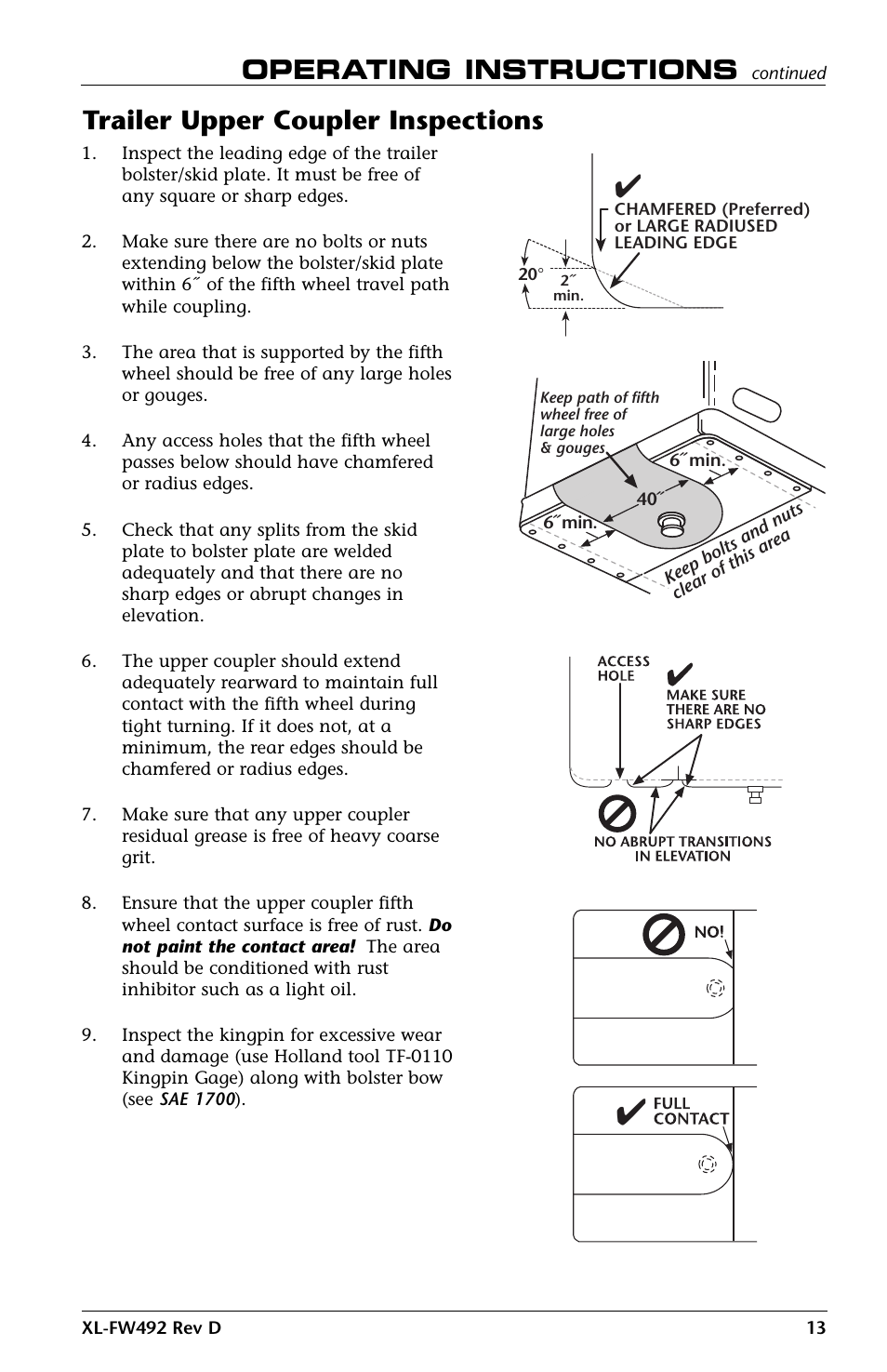 Operating instructions, Trailer upper coupler inspections | SAF-HOLLAND XL-FW492 FW83 and XA-231 FleetMaster LowLube Series Fifth Wheel User Manual | Page 13 / 24