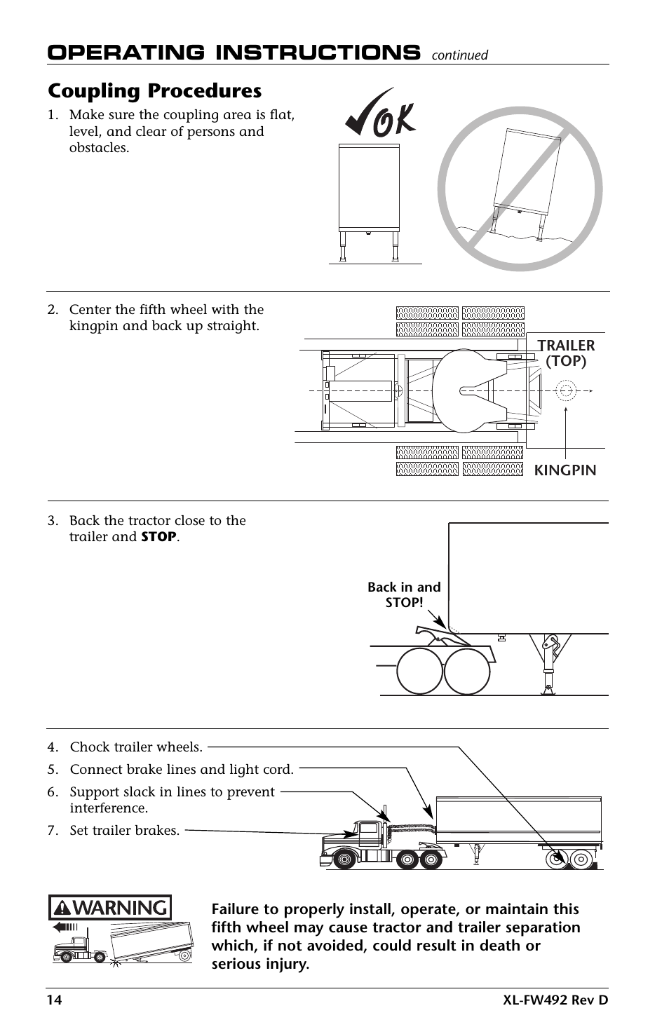 Operating instructions, Coupling procedures | SAF-HOLLAND XL-FW492 FW83 and XA-231 FleetMaster LowLube Series Fifth Wheel User Manual | Page 14 / 24