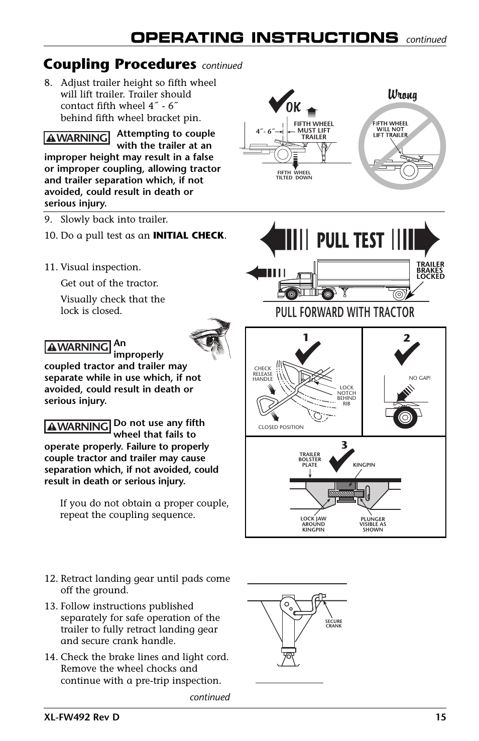 Pull test, Operating instructions, Pull forward with tractor | Coupling procedures | SAF-HOLLAND XL-FW492 FW83 and XA-231 FleetMaster LowLube Series Fifth Wheel User Manual | Page 15 / 24