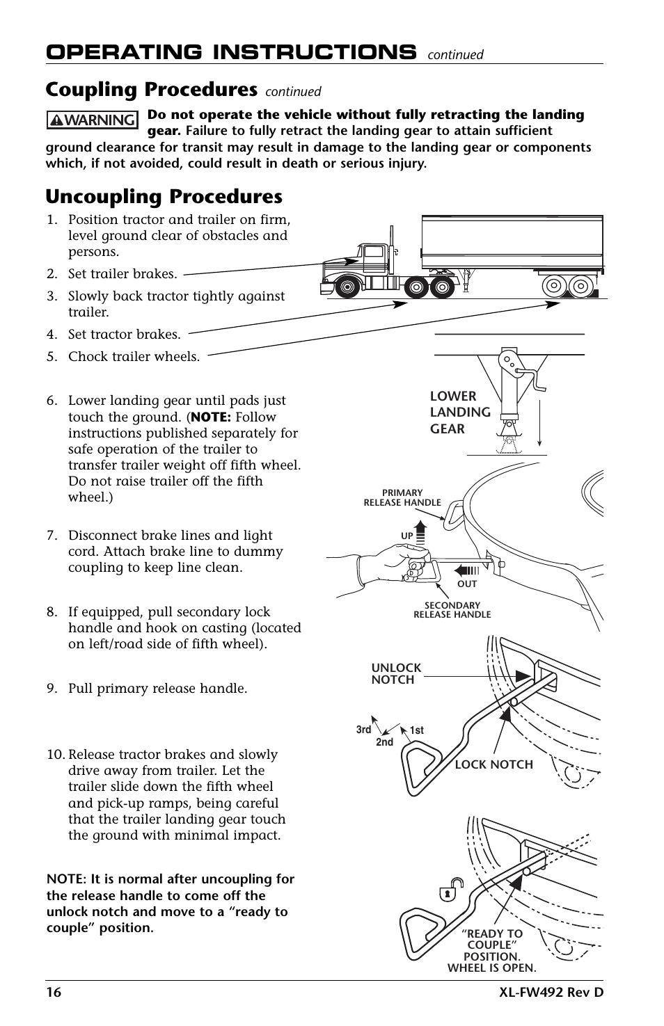 Uncoupling procedures, Operating instructions, Coupling procedures | SAF-HOLLAND XL-FW492 FW83 and XA-231 FleetMaster LowLube Series Fifth Wheel User Manual | Page 16 / 24