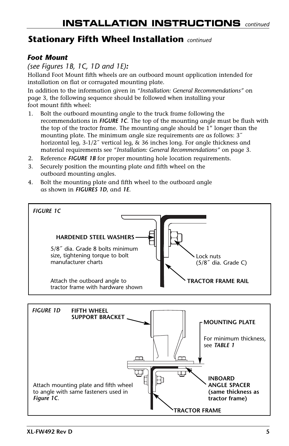 Installation instructions, Stationary fifth wheel installation, Foot mount (see figures 1b, 1c, 1d and 1e) | SAF-HOLLAND XL-FW492 FW83 and XA-231 FleetMaster LowLube Series Fifth Wheel User Manual | Page 5 / 24