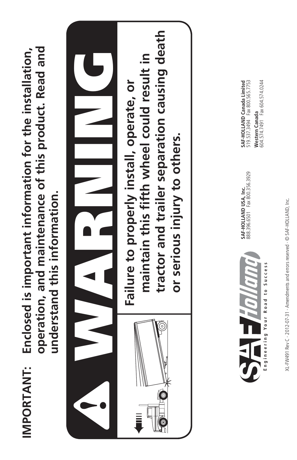 Warning | SAF-HOLLAND XL-FW491 Sliding Kompensator for FW8-72XX Series User Manual | Page 12 / 12