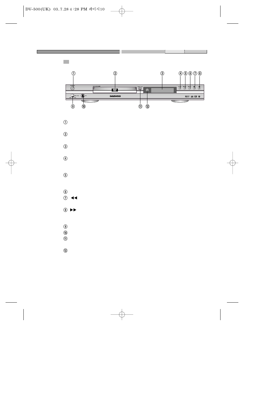 Preparations before operation, Front panel | Daewoo DV-500 User Manual | Page 11 / 36
