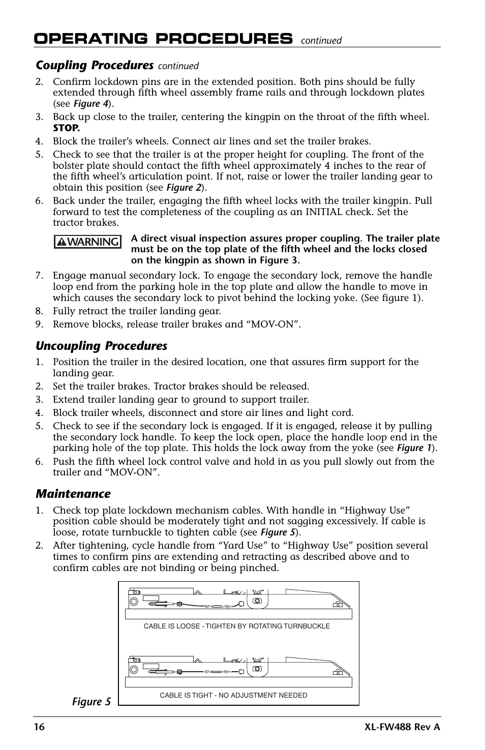 Operating procedures, Coupling procedures, Uncoupling procedures | Maintenance | SAF-HOLLAND XL-FW488 FW2800 and FW2900 Series Hydraulic Elevating Fifth Wheel User Manual | Page 16 / 20