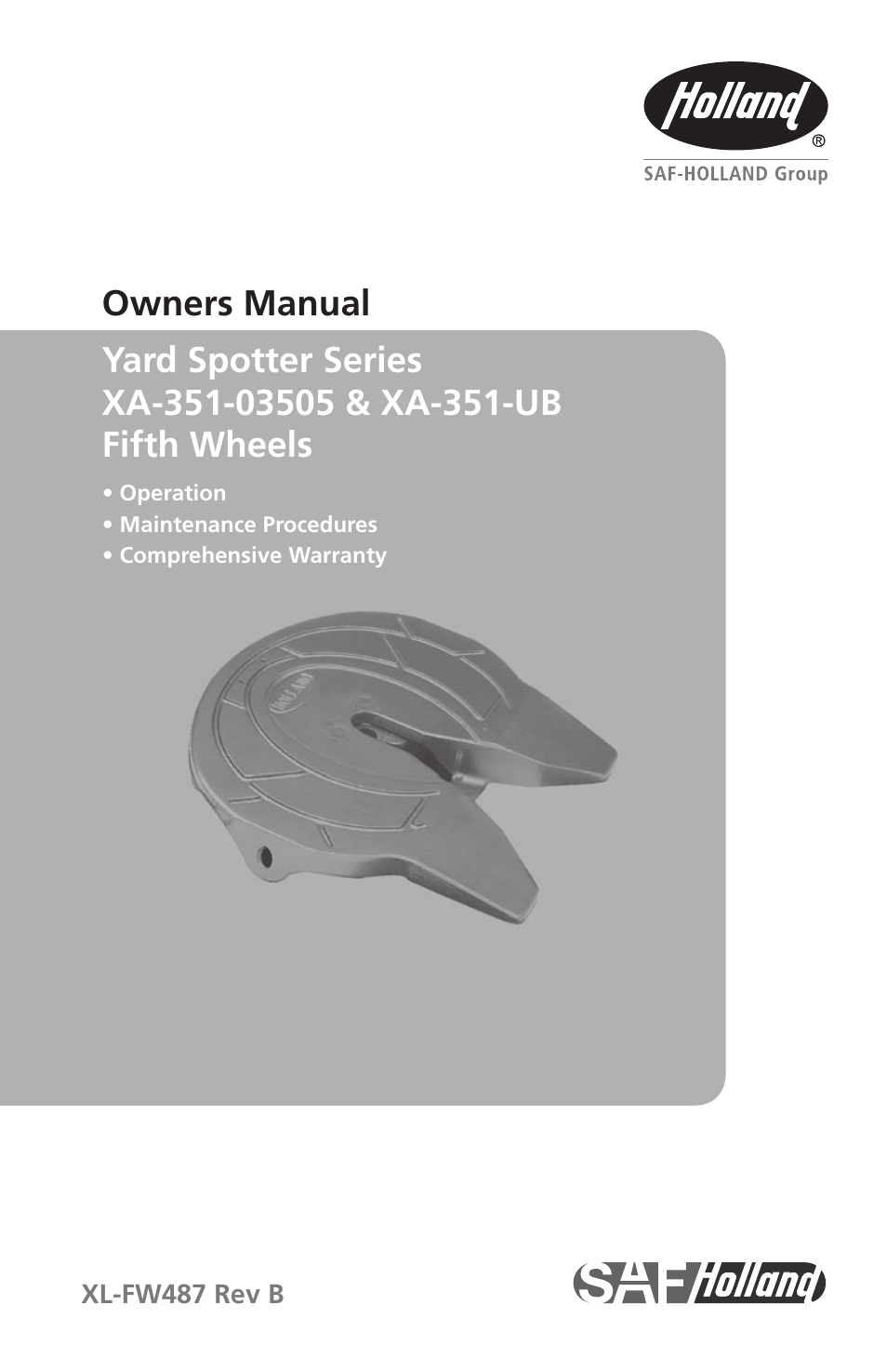 SAF-HOLLAND XL-FW487 Yard Spotter Series XA-351-03505 & XA-351-UB Fifth Wheels User Manual | 8 pages
