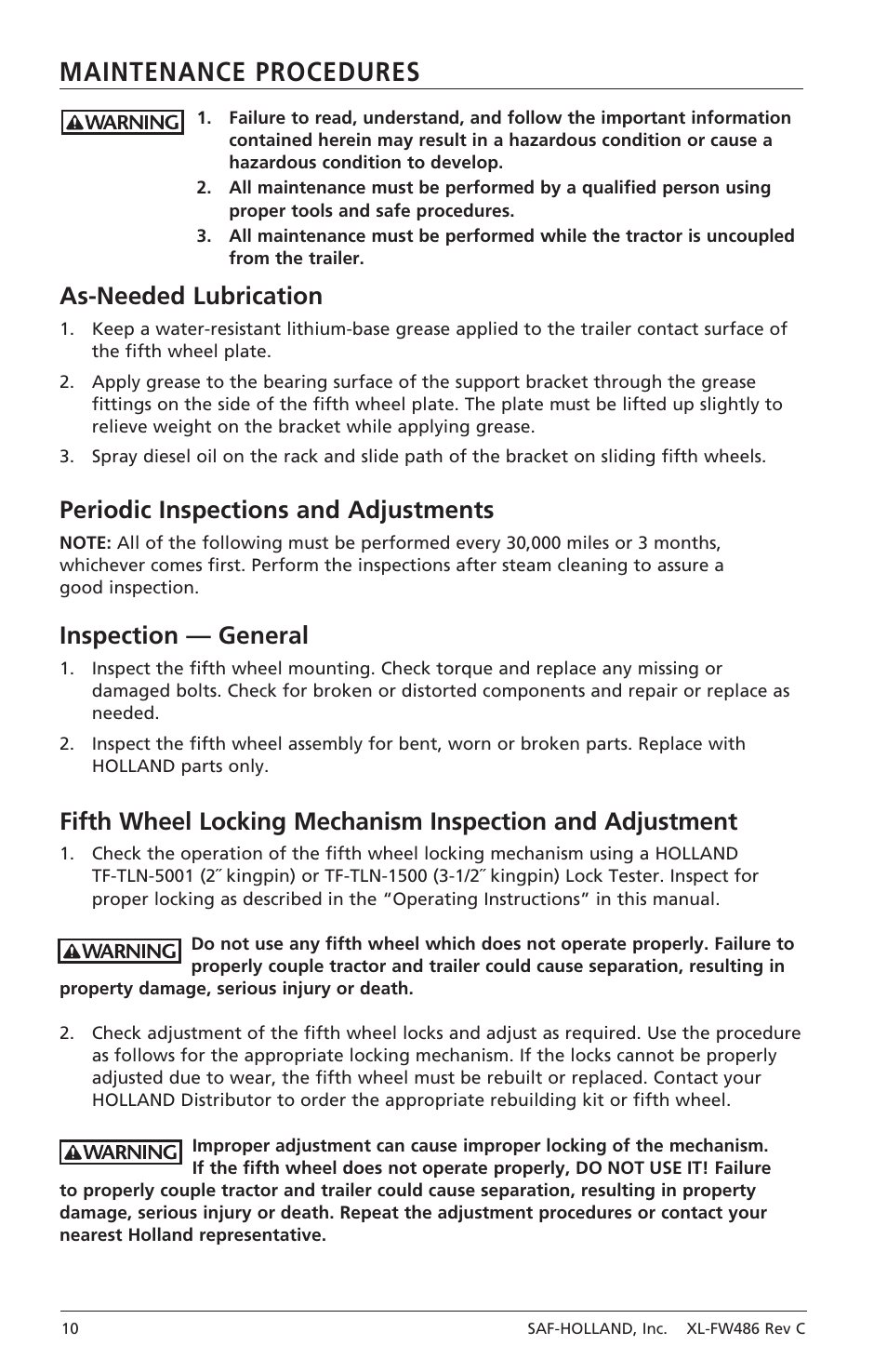 Maintenance procedures, As-needed lubrication, Periodic inspections and adjustments | Inspection — general | SAF-HOLLAND XL-FW486 FW2080 Series Fifth Wheel User Manual | Page 10 / 16