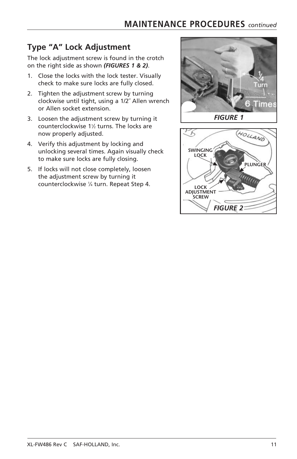 Maintenance procedures, Type “a” lock adjustment, Figure 1 | Figure 2 | SAF-HOLLAND XL-FW486 FW2080 Series Fifth Wheel User Manual | Page 11 / 16