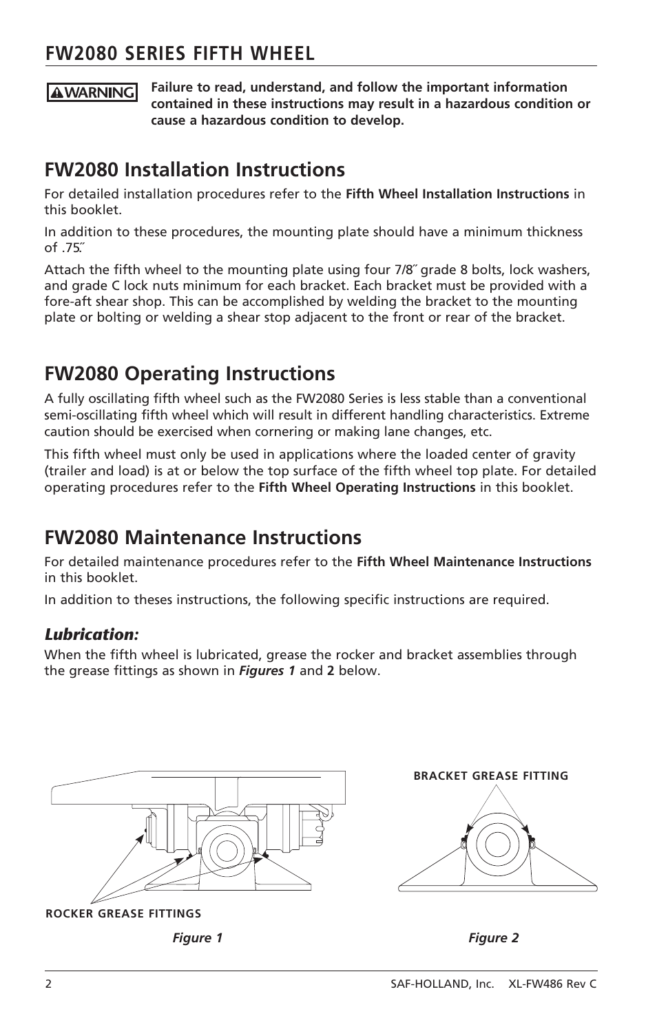 Fw2080 operating instructions, Fw2080 maintenance instructions | SAF-HOLLAND XL-FW486 FW2080 Series Fifth Wheel User Manual | Page 2 / 16