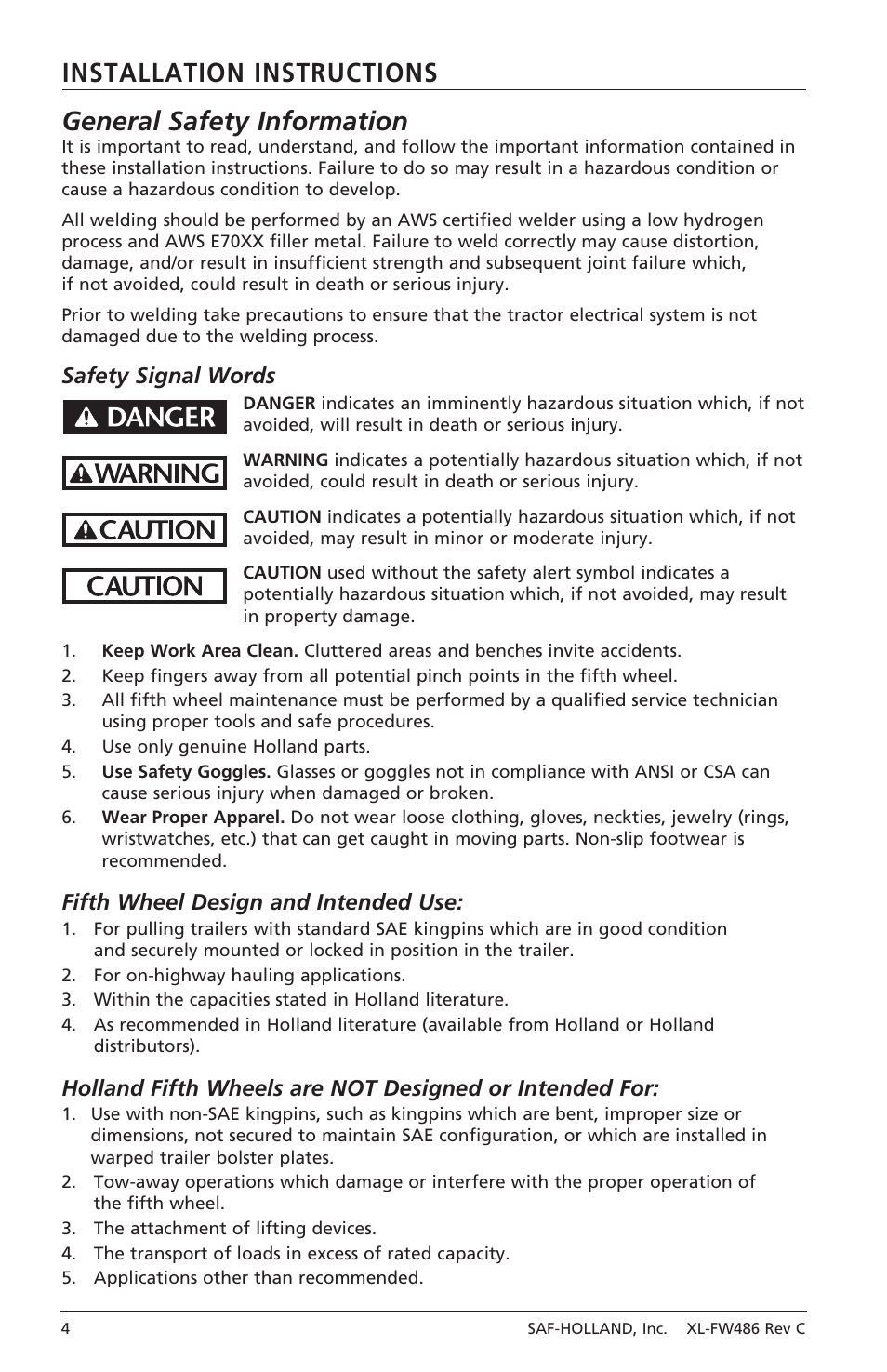 Safety signal words, Fifth wheel design and intended use | SAF-HOLLAND XL-FW486 FW2080 Series Fifth Wheel User Manual | Page 4 / 16