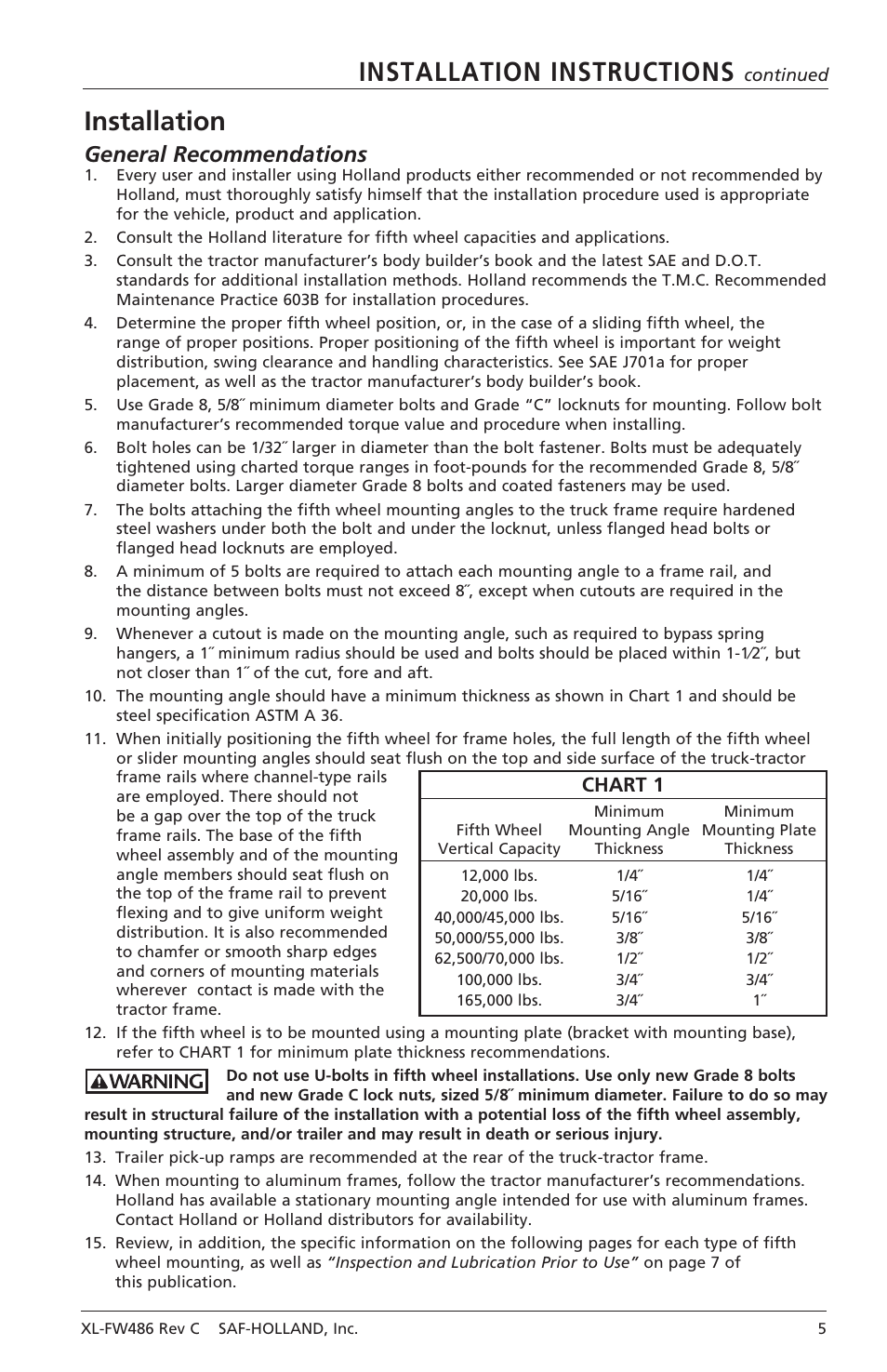 Installation instructions, Installation, General recommendations | Chart 1 | SAF-HOLLAND XL-FW486 FW2080 Series Fifth Wheel User Manual | Page 5 / 16