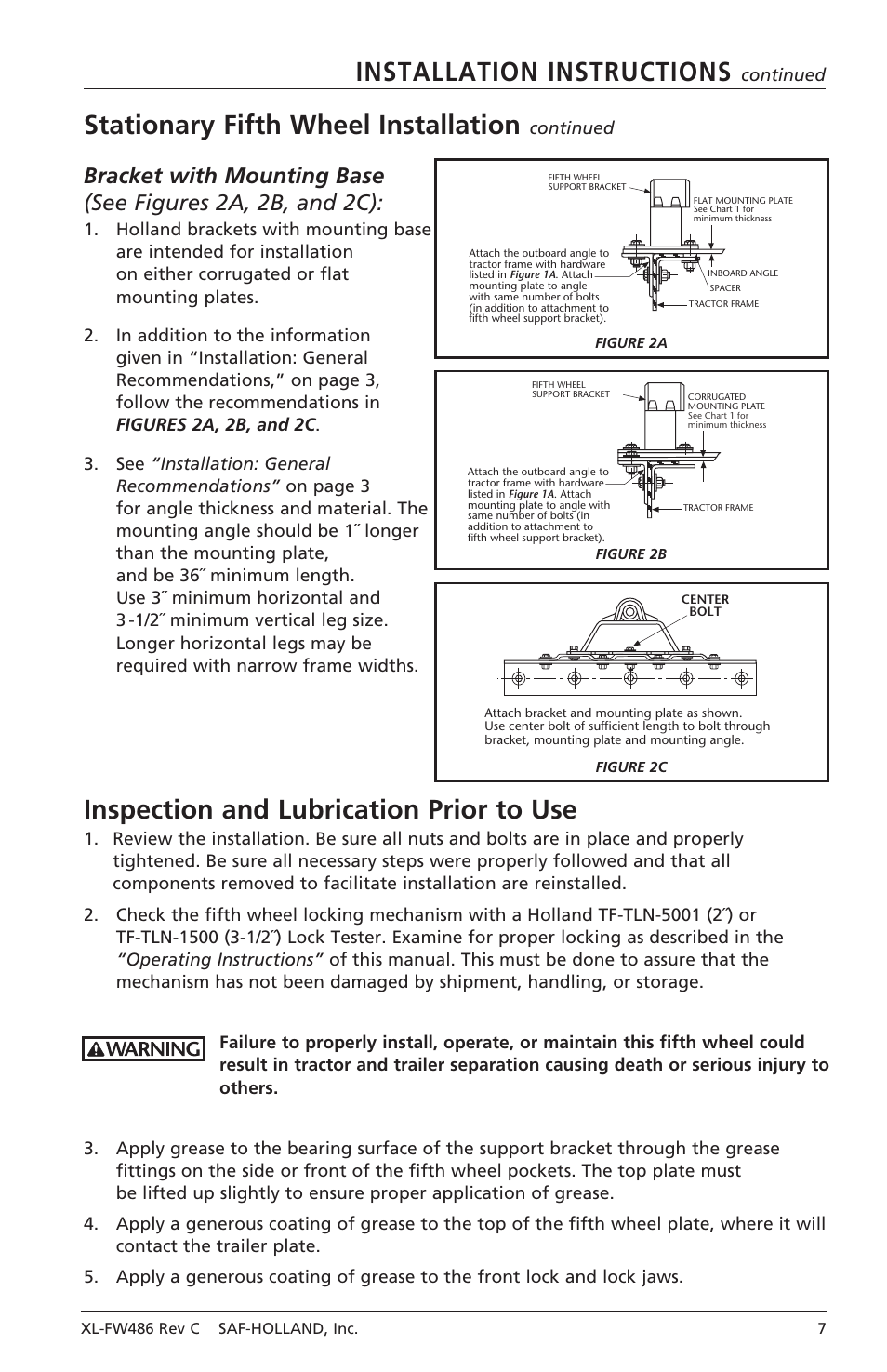 Installation instructions, Stationary fifth wheel installation, Inspection and lubrication prior to use | Continued | SAF-HOLLAND XL-FW486 FW2080 Series Fifth Wheel User Manual | Page 7 / 16