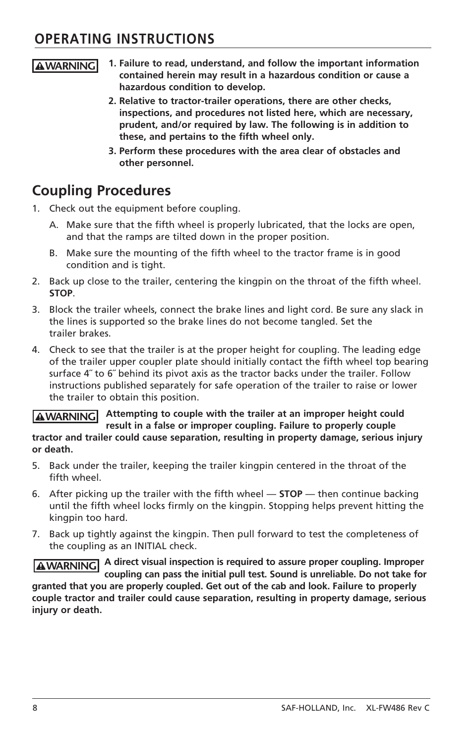 Operating instructions, Coupling procedures | SAF-HOLLAND XL-FW486 FW2080 Series Fifth Wheel User Manual | Page 8 / 16