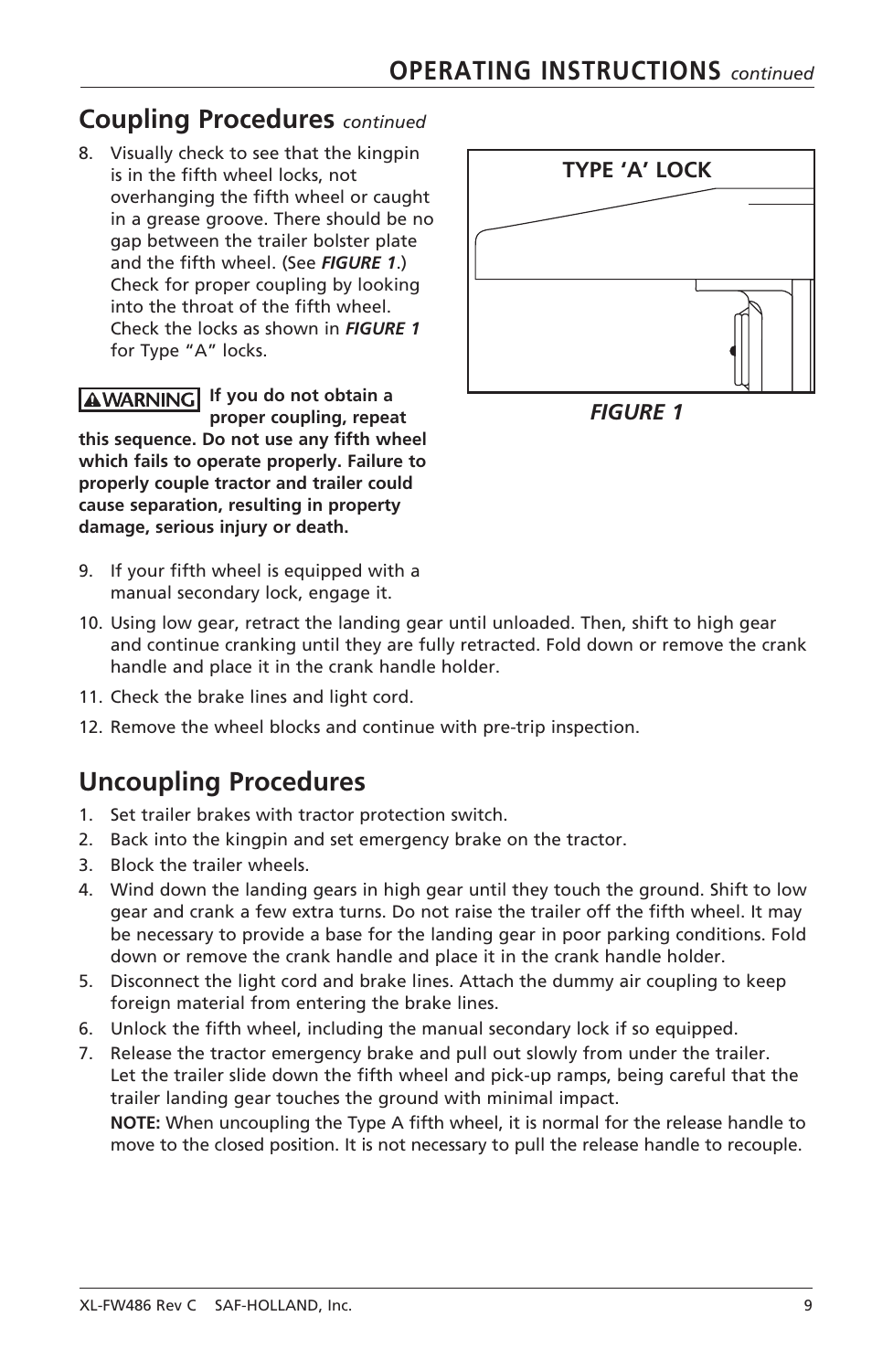 Operating instructions, Coupling procedures, Uncoupling procedures | Type ‘a’ lock figure 1 | SAF-HOLLAND XL-FW486 FW2080 Series Fifth Wheel User Manual | Page 9 / 16