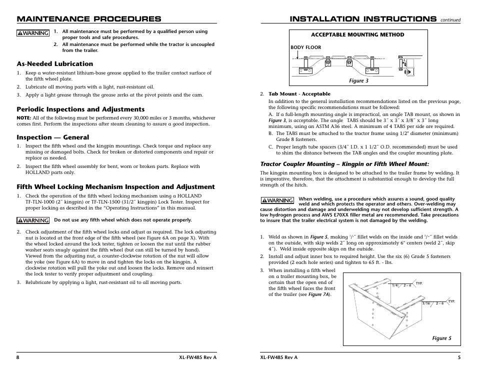 Maintenance procedures, Installation instructions, As-needed lubrication | Periodic inspections and adjustments, Inspection — general | SAF-HOLLAND XL-FW485 FW6000 and FW6200 Series Fifth Wheel User Manual | Page 5 / 12