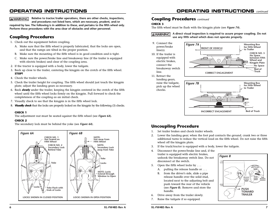 Coupling procedures, Uncoupling procedure, Operating instructions | SAF-HOLLAND XL-FW485 FW6000 and FW6200 Series Fifth Wheel User Manual | Page 6 / 12