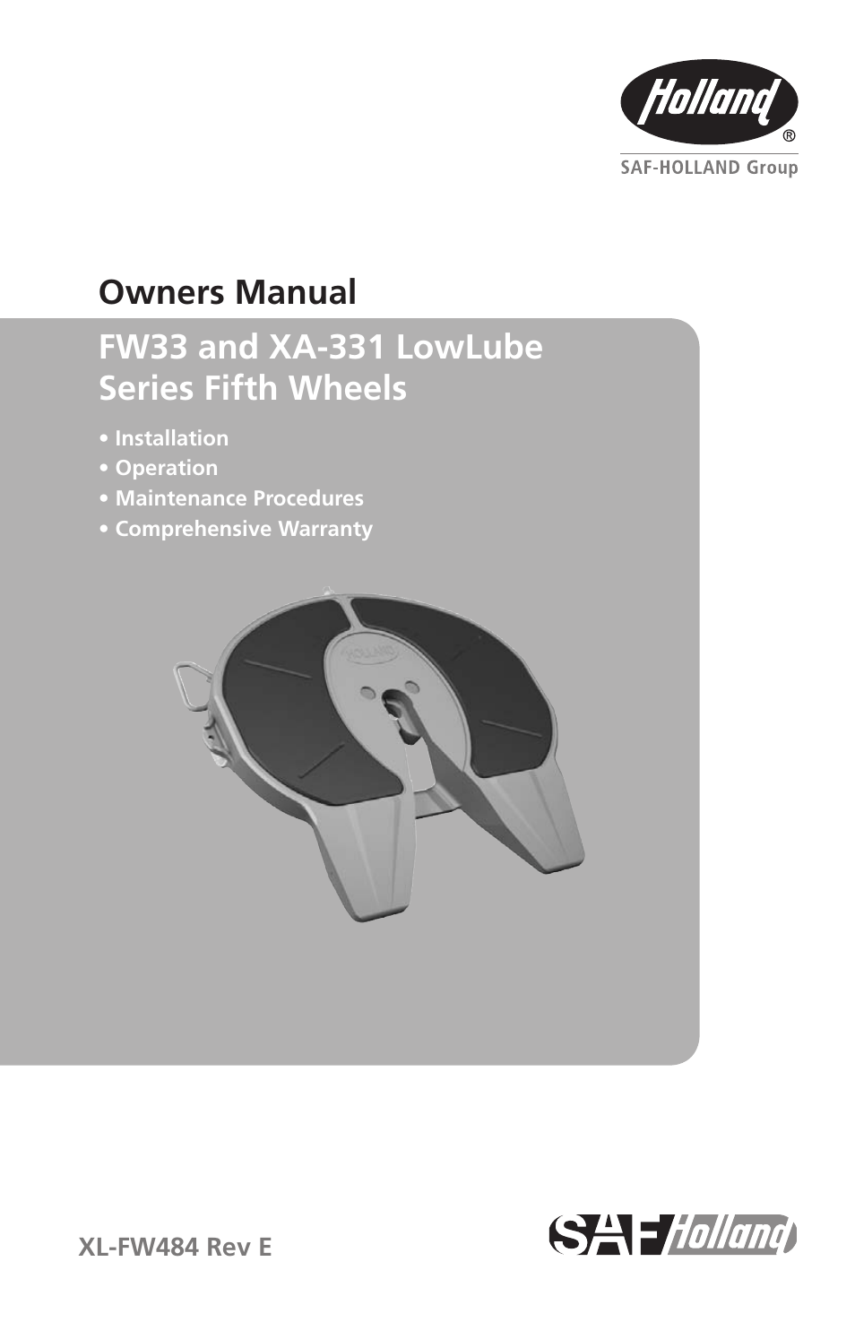 SAF-HOLLAND XL-FW484 FW33 and XA-331 LowLube Series Fifth Wheels User Manual | 20 pages