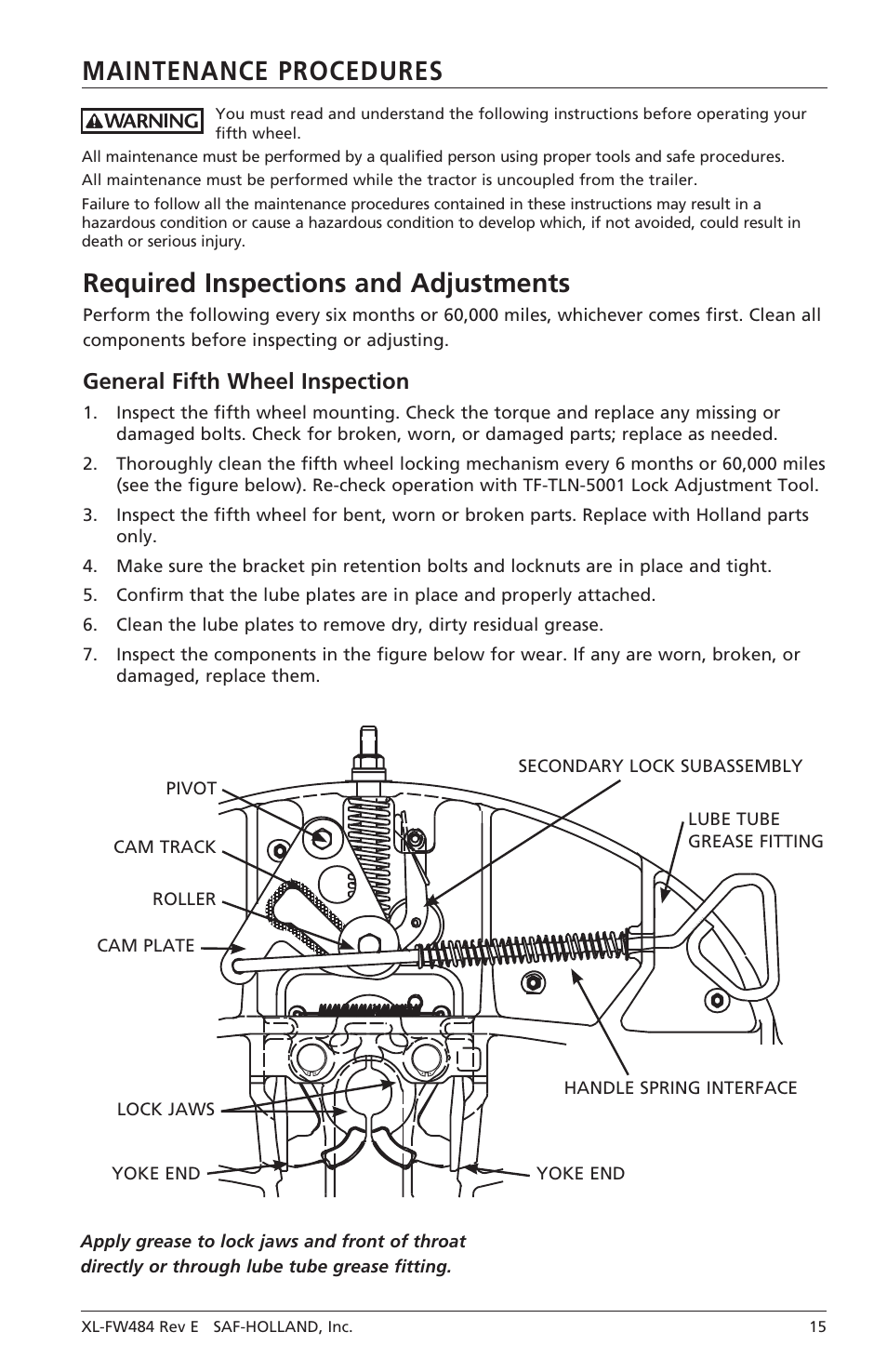 General fifth wheel inspection | SAF-HOLLAND XL-FW484 FW33 and XA-331 LowLube Series Fifth Wheels User Manual | Page 15 / 20