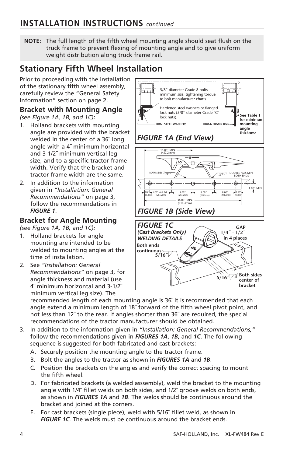 Installation instructions, Stationary fifth wheel installation, Bracket with mounting angle | Bracket for angle mounting, Figure 1c, Figure 1b (side view) figure 1a (end view) | SAF-HOLLAND XL-FW484 FW33 and XA-331 LowLube Series Fifth Wheels User Manual | Page 4 / 20