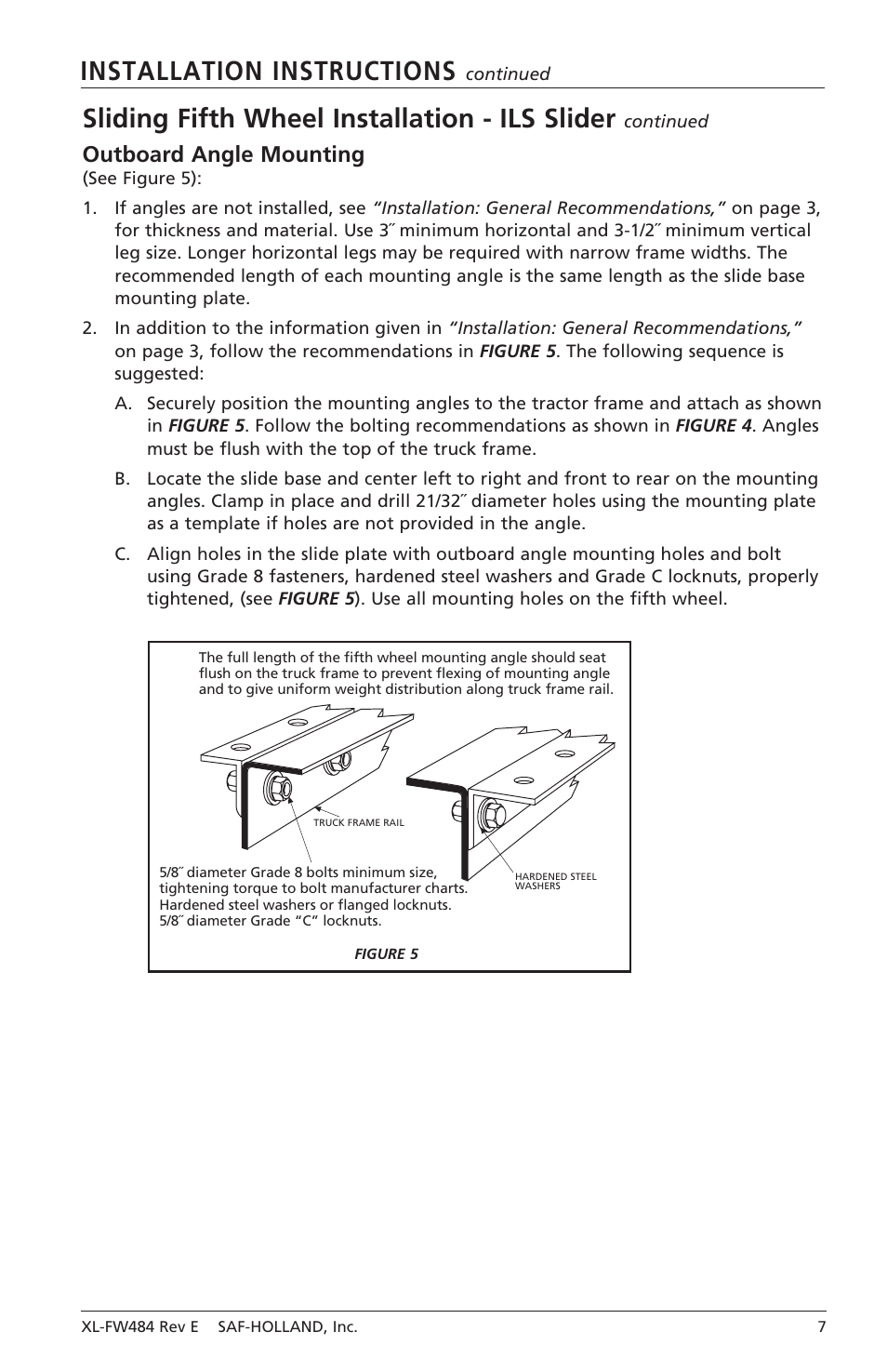 Installation instructions, Sliding fifth wheel installation - ils slider, Outboard angle mounting | SAF-HOLLAND XL-FW484 FW33 and XA-331 LowLube Series Fifth Wheels User Manual | Page 7 / 20