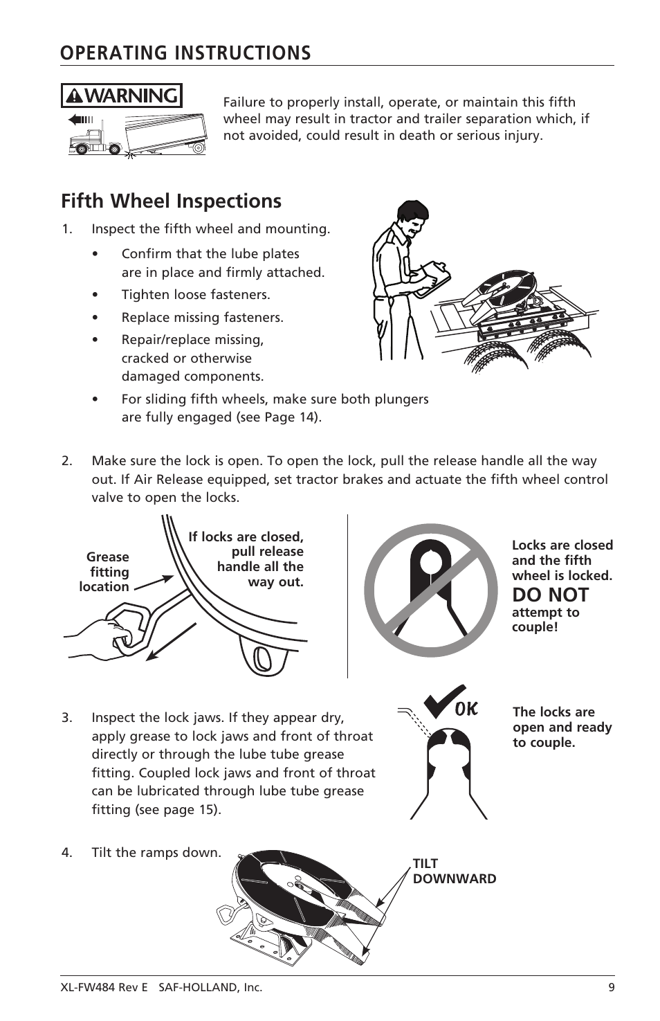 Operating instructions fifth wheel inspections, Do not | SAF-HOLLAND XL-FW484 FW33 and XA-331 LowLube Series Fifth Wheels User Manual | Page 9 / 20