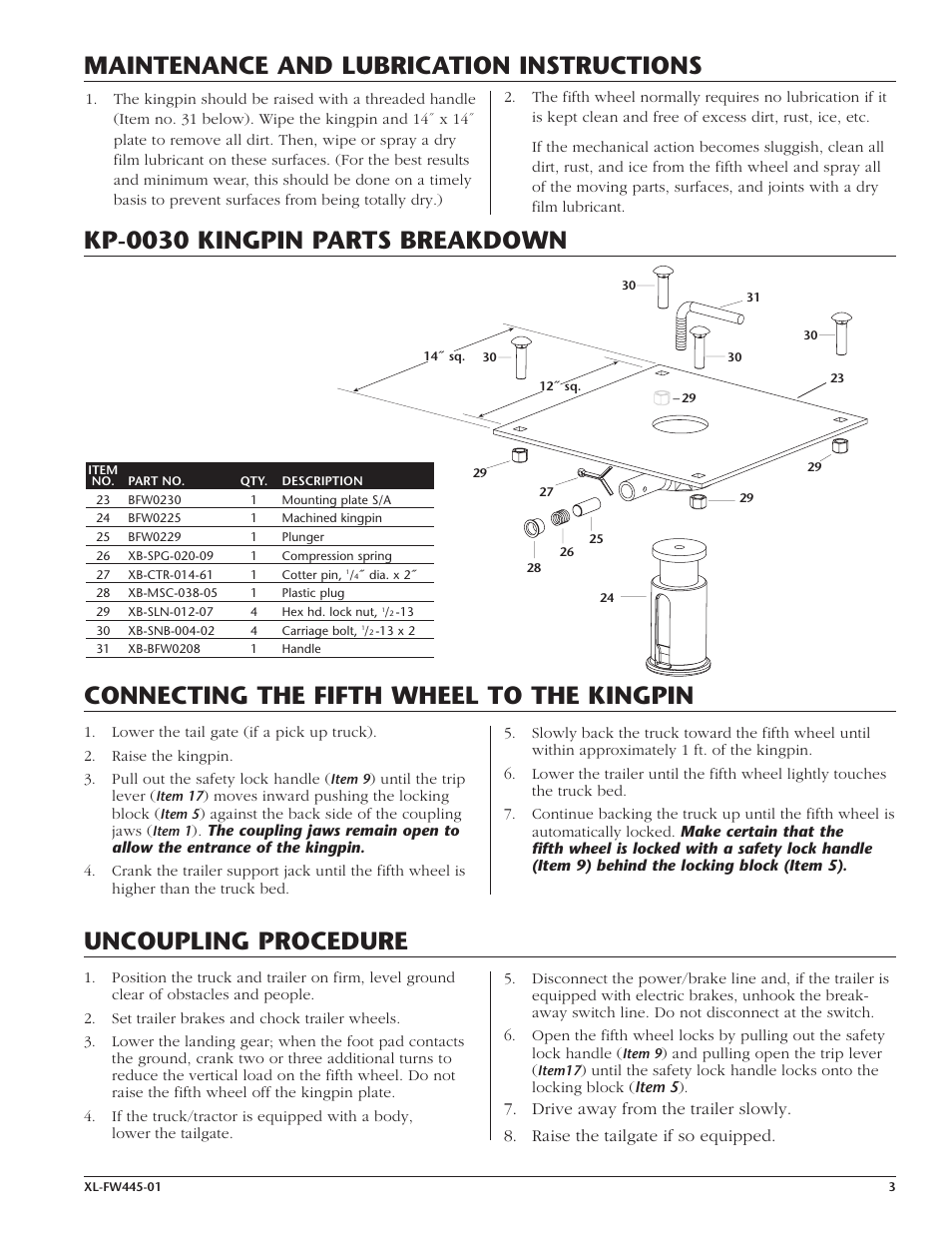 Maintenance and lubrication instructions, Uncoupling procedure | SAF-HOLLAND XL-FW445-01 FW0001 Series Fifth Wheel User Manual | Page 3 / 4