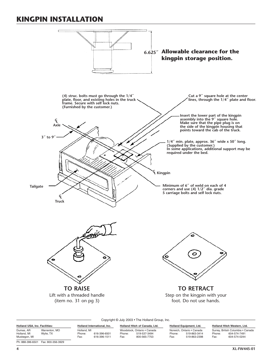 Kingpin installation, Lift with a threaded handle (item no. 31 on pg 3) | SAF-HOLLAND XL-FW445-01 FW0001 Series Fifth Wheel User Manual | Page 4 / 4