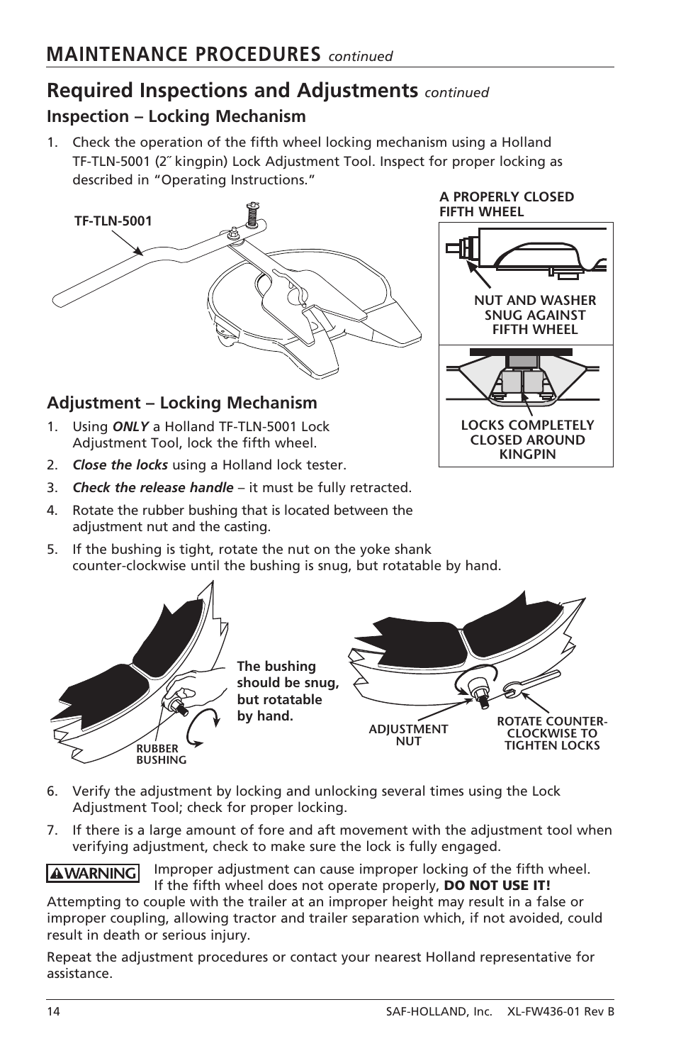 Required inspections and adjustments, Maintenance procedures, Inspection – locking mechanism | Adjustment – locking mechanism | SAF-HOLLAND XL-FW436-01 FW31 Series Fifth Wheels with Traditional Slider User Manual | Page 14 / 20