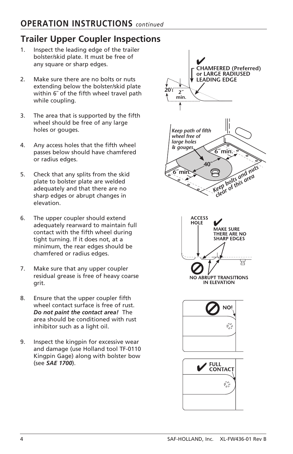 Operation instructions, Trailer upper coupler inspections | SAF-HOLLAND XL-FW436-01 FW31 Series Fifth Wheels with Traditional Slider User Manual | Page 4 / 20