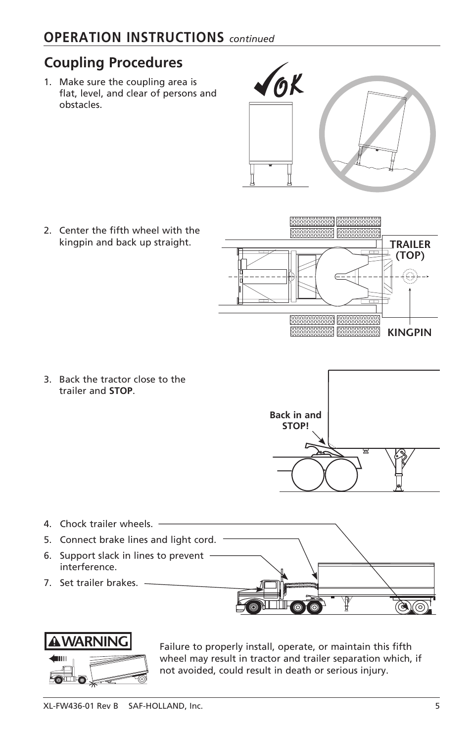 Operation instructions, Coupling procedures | SAF-HOLLAND XL-FW436-01 FW31 Series Fifth Wheels with Traditional Slider User Manual | Page 5 / 20