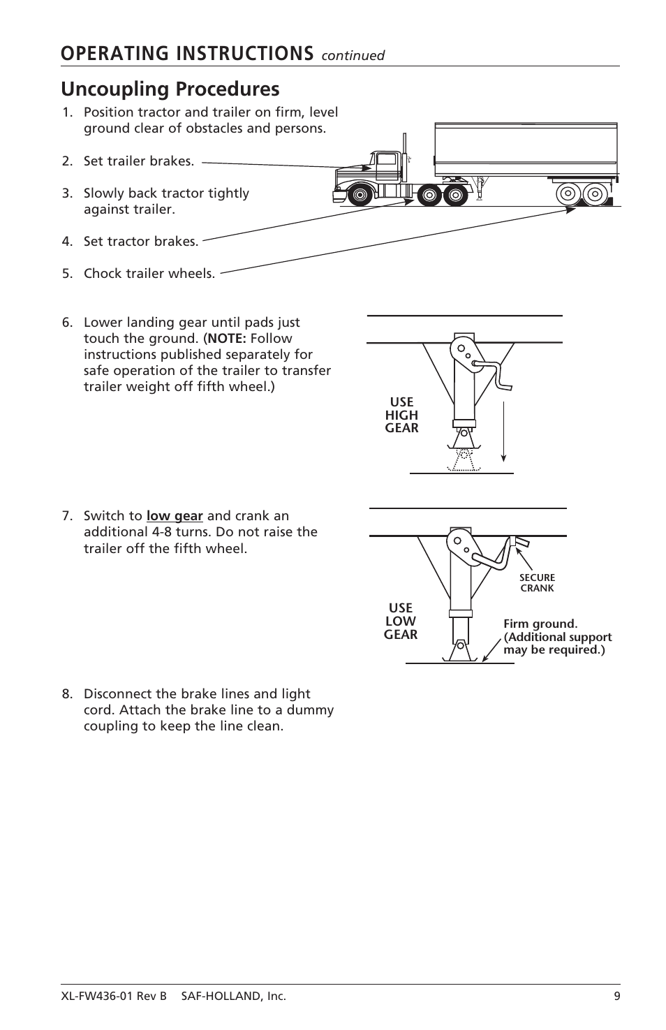 Operating instructions, Uncoupling procedures | SAF-HOLLAND XL-FW436-01 FW31 Series Fifth Wheels with Traditional Slider User Manual | Page 9 / 20