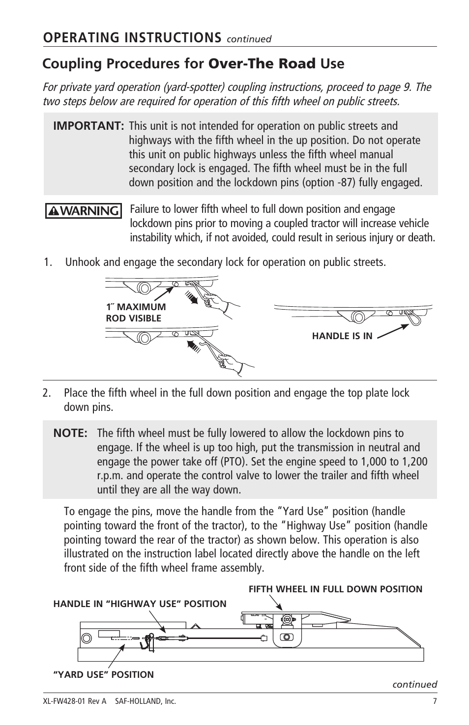 Operating instructions, Coupling procedures for over-the road use | SAF-HOLLAND XL-FW428-01 FW2800 Series Hydraulic Elevating Fifth Wheels User Manual | Page 7 / 16