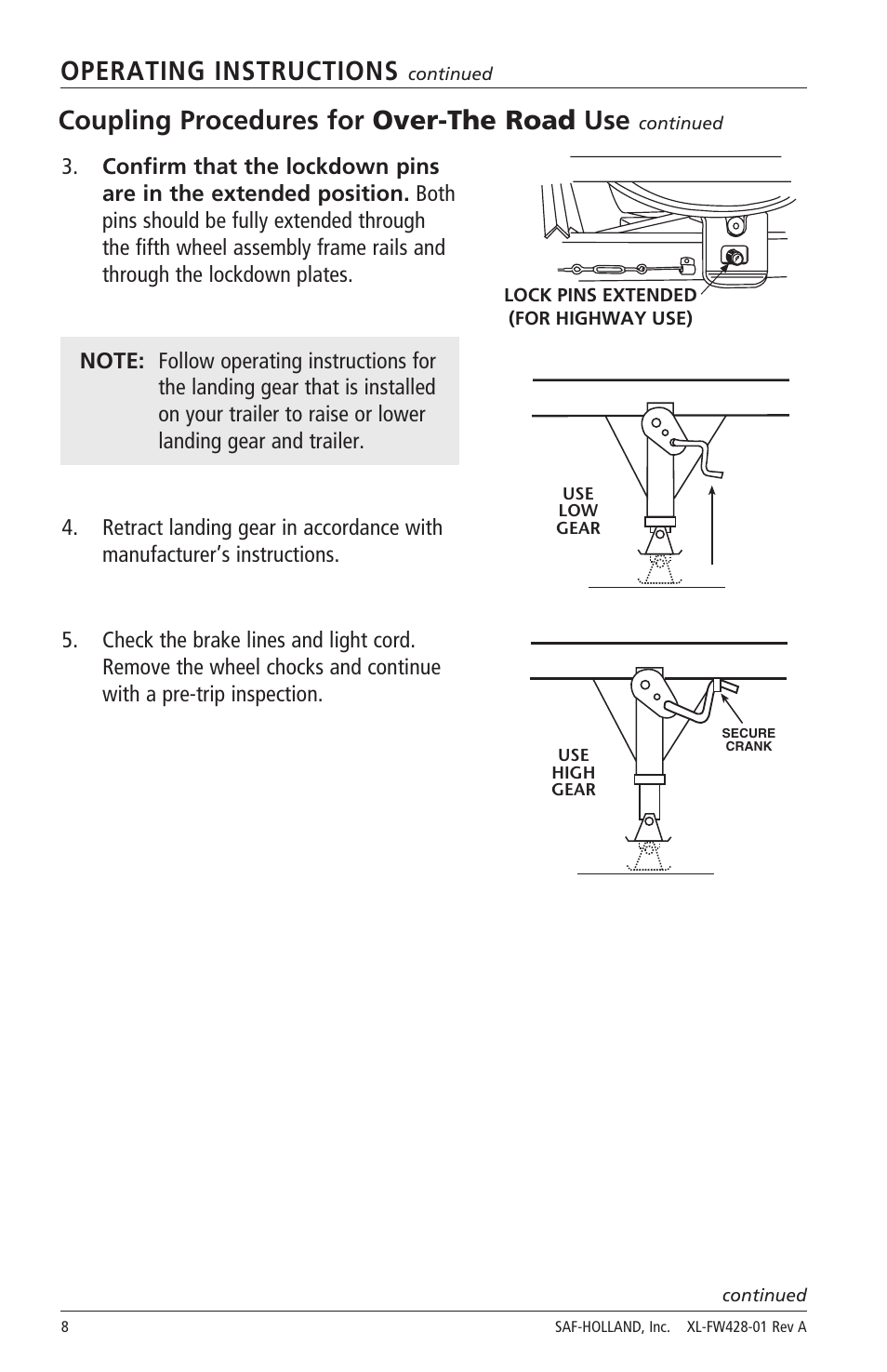 Operating instructions, Coupling procedures for over-the road use | SAF-HOLLAND XL-FW428-01 FW2800 Series Hydraulic Elevating Fifth Wheels User Manual | Page 8 / 16