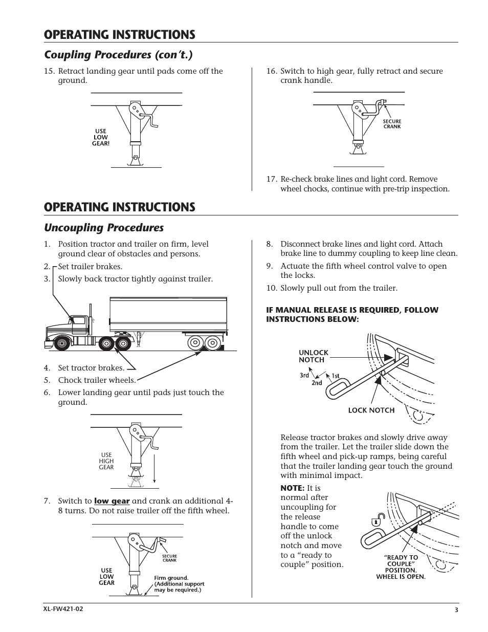 Operating instructions, Coupling procedures (con’t.), Uncoupling procedures | SAF-HOLLAND XL-FW421-02 XA-201-A-80-L Air Release User Manual | Page 3 / 8