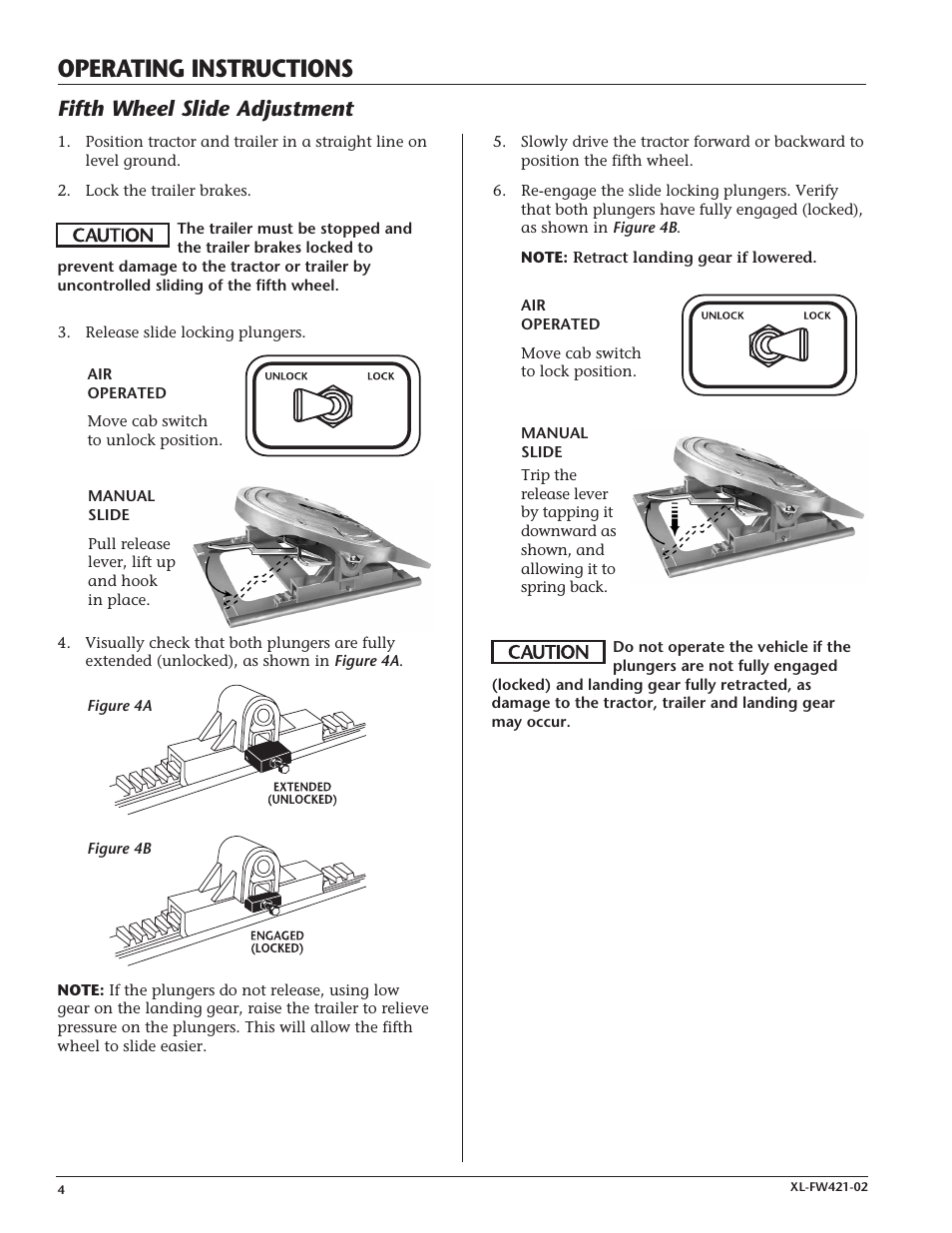 Operating instructions, Fifth wheel slide adjustment | SAF-HOLLAND XL-FW421-02 XA-201-A-80-L Air Release User Manual | Page 4 / 8