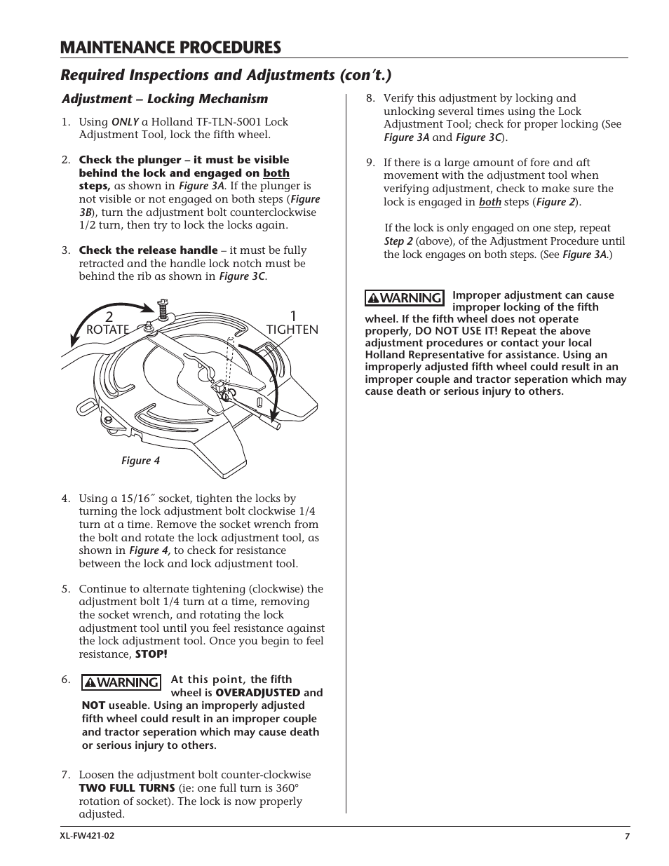 Maintenance procedures, Required inspections and adjustments (con’t.) | SAF-HOLLAND XL-FW421-02 XA-201-A-80-L Air Release User Manual | Page 7 / 8